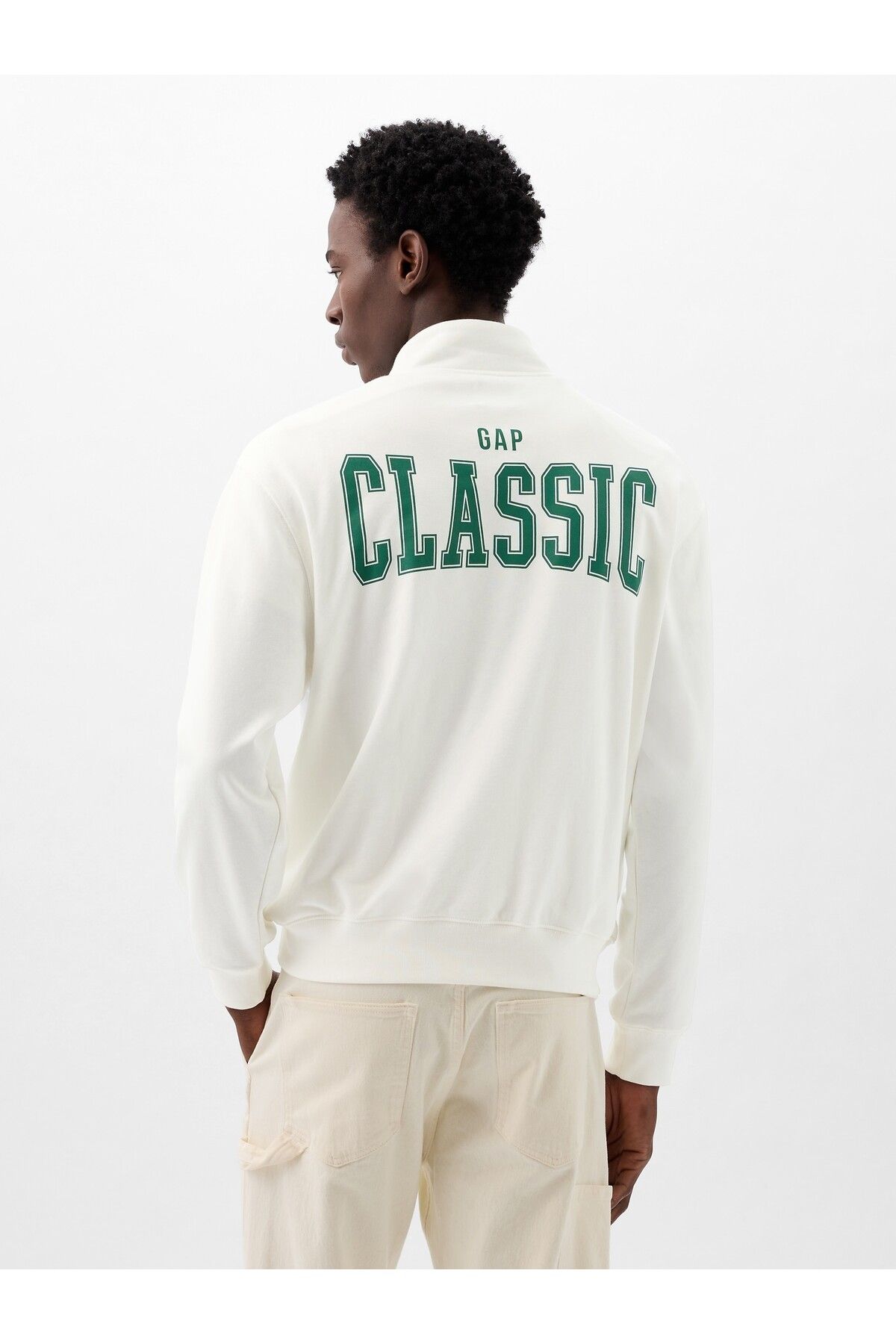 GAP Erkek Kırık Beyaz Gap Logo Fransız Havlu Kumaş Yarım Fermuarlı Sweatshirt