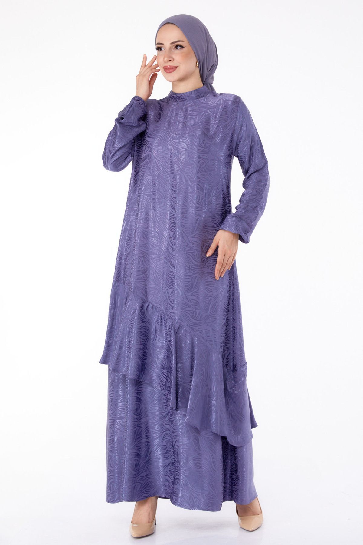 TOFİSA Düz Hakim Yaka Kadın Mor Fırfır Detaylı Elbise - 25602
