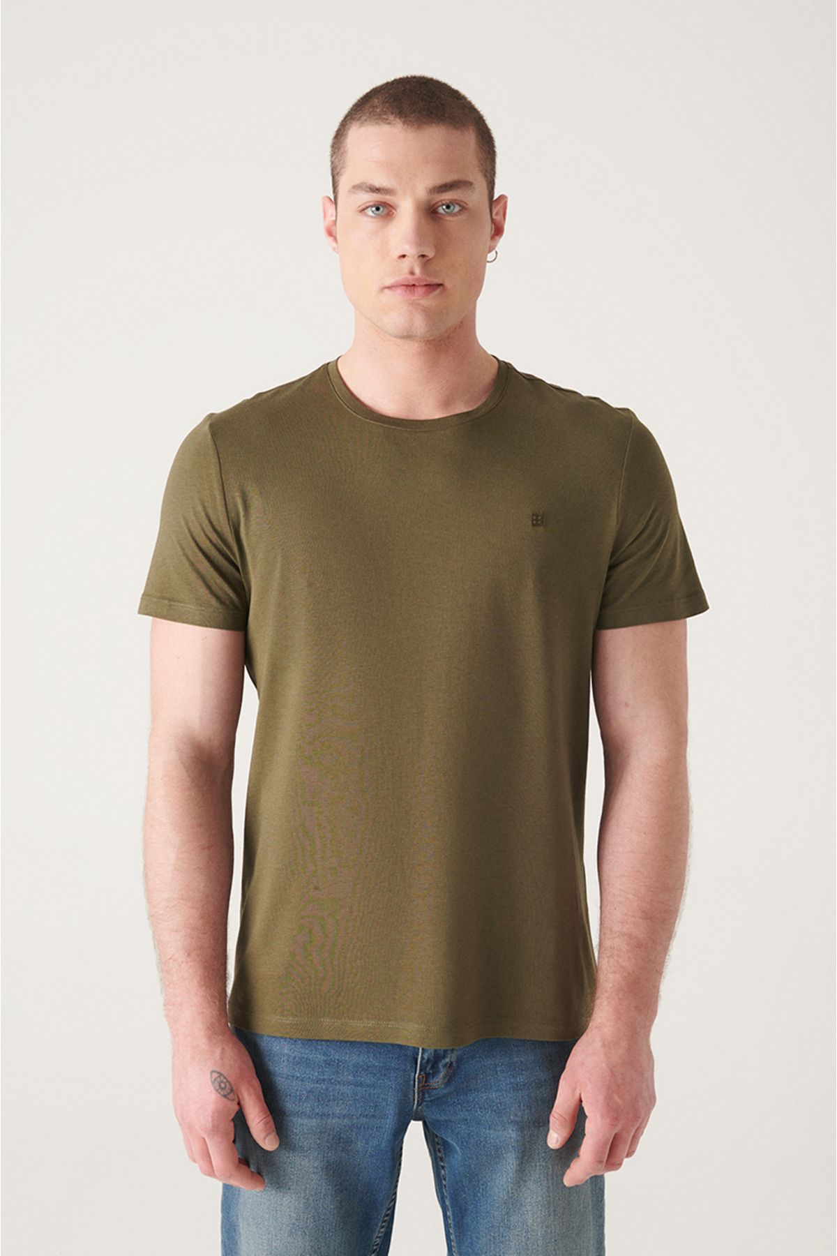 Avva Erkek Haki Ultrasoft Bisiklet Yaka Pamuklu Slim Fit Dar Kesim T-shirt E001171