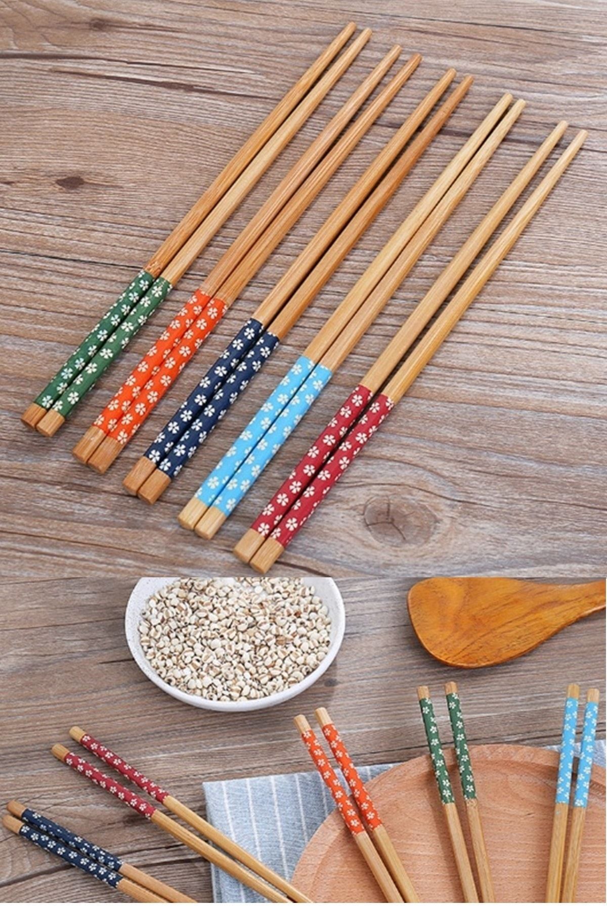 Kitchen Beauty 10 Adet Bambu Chopstick Ahşap Desenli Çin Çubuğu Yıkanabilir Ve Kullanılabilir 5 Çift