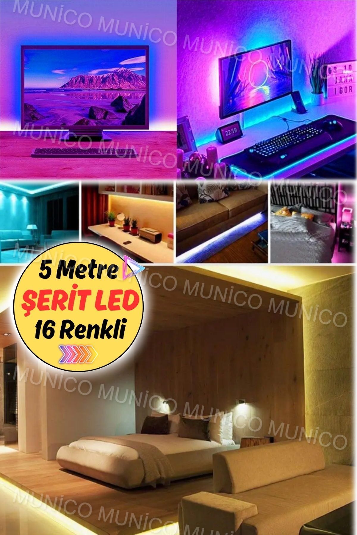 Munico 5 Metre Kaliteli Profesyonel Şerit Led Yapışkanlı Bar Restorant Araba Aydınlatma 16 Renkli Kaliteli
