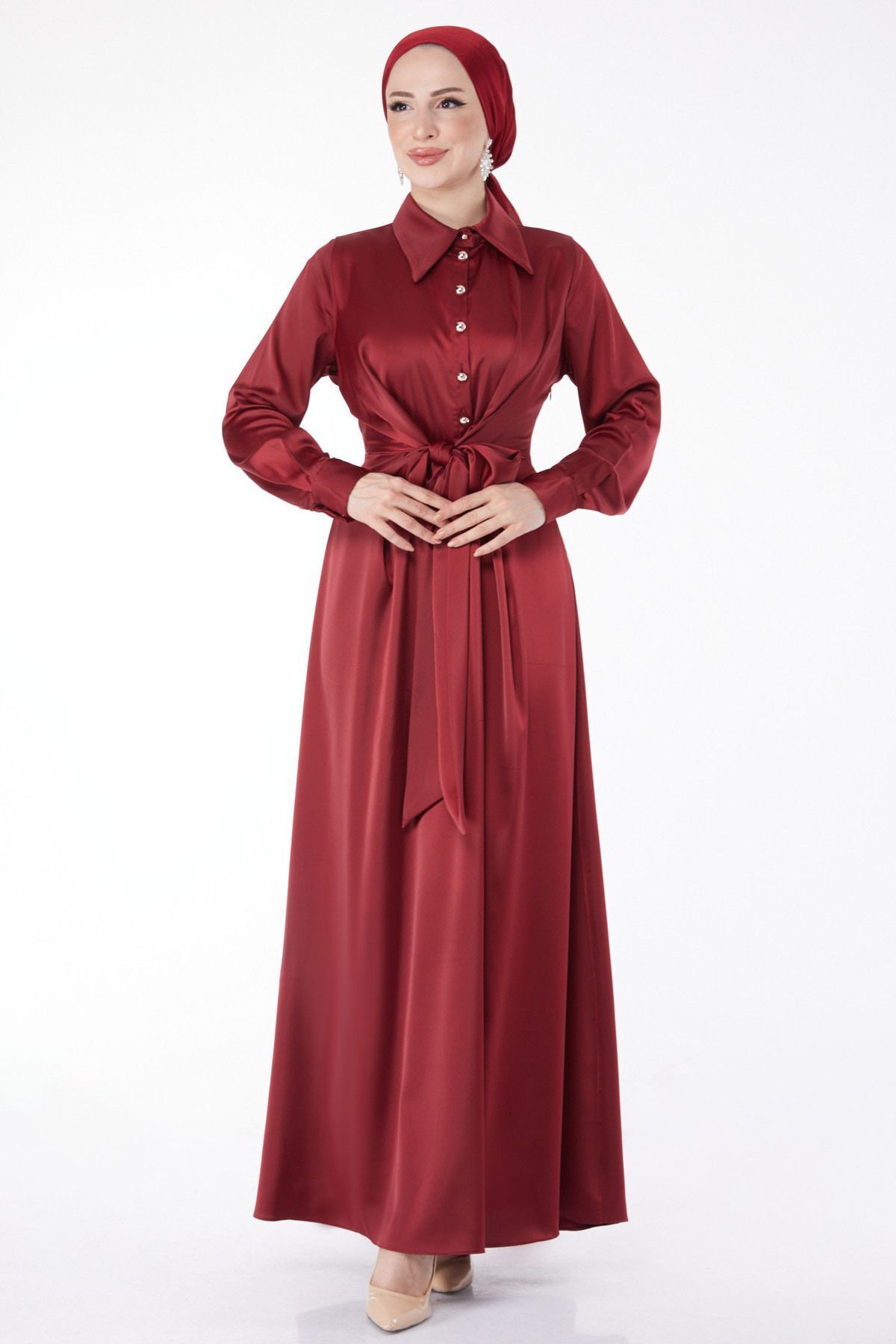 TOFİSA Düz Gömlek Yaka Kadın Bordo Çapraz Kemer Detaylı Abiye Elbise - 25211
