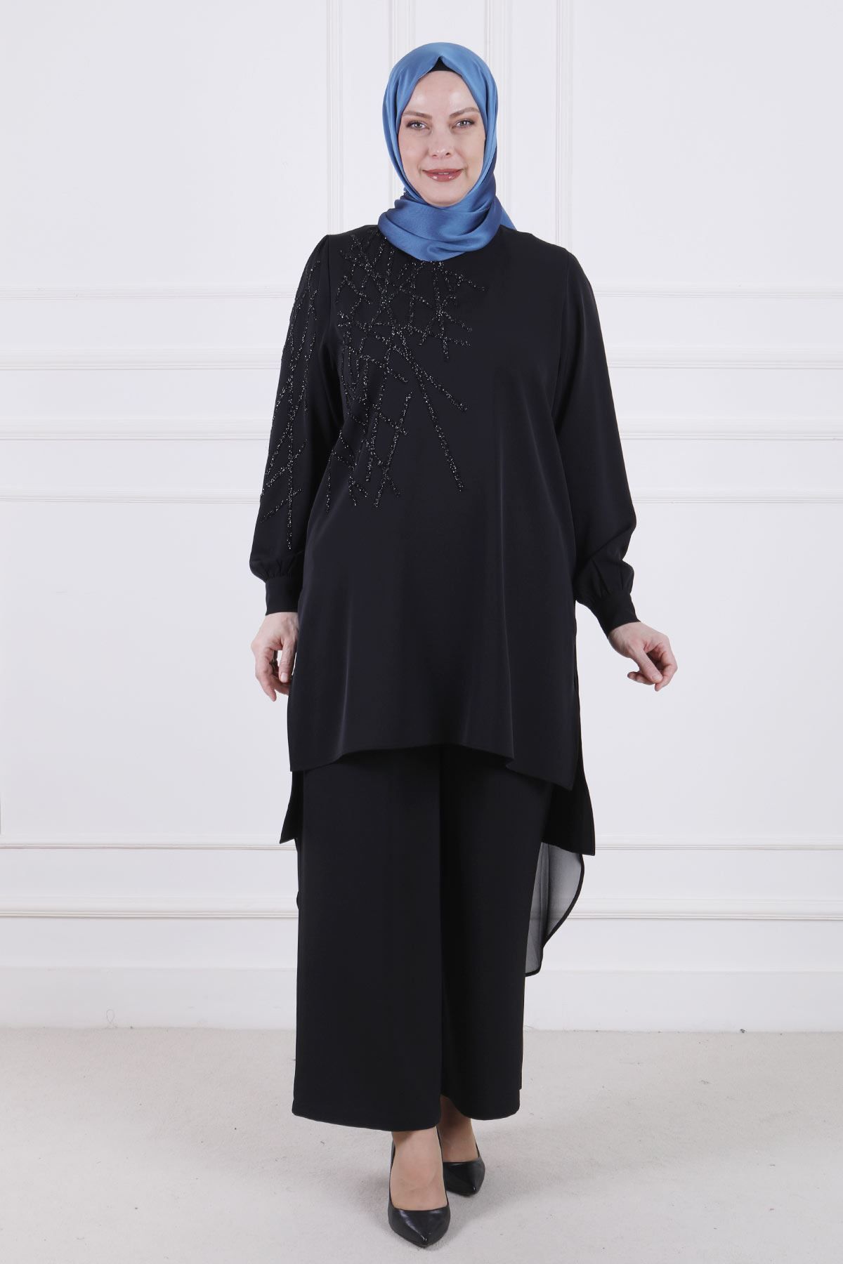 ottoman wear OTW60018 Büyük Beden Taş Detaylı Krep Takım Siyah