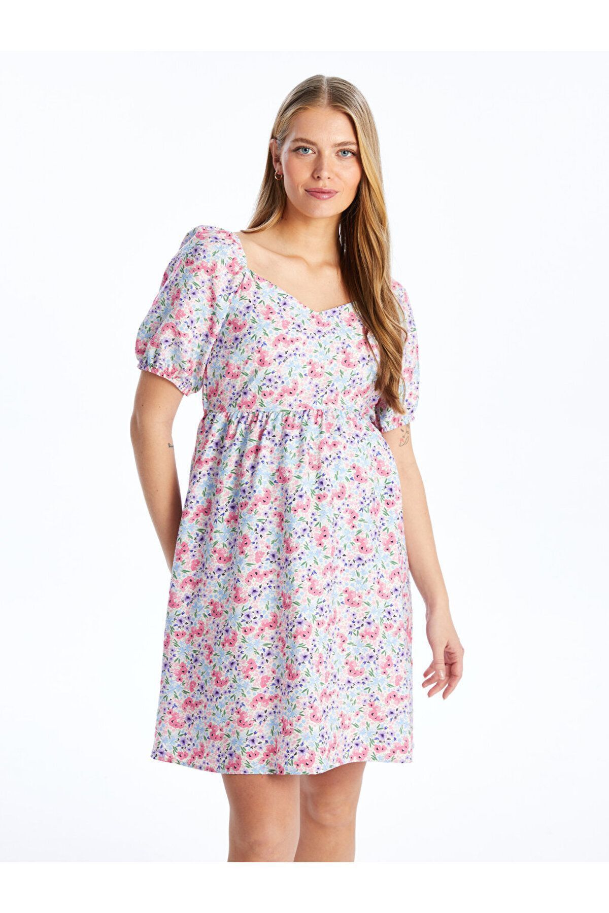 LC Waikiki LCWAIKIKI Maternity V Yaka Çiçekli Kısa Kollu Hamile Elbise