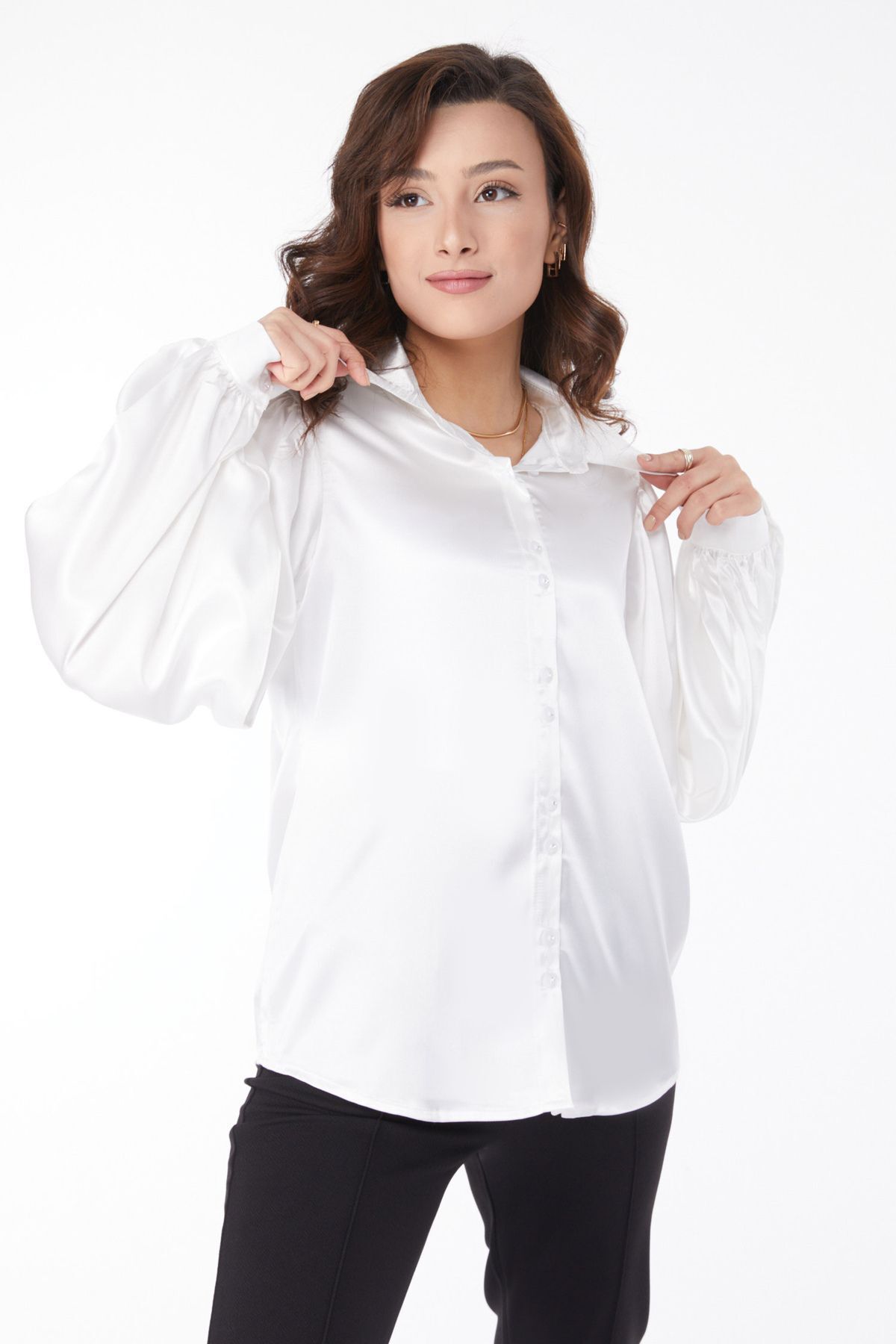 TOFİSA Düz Gömlek Yaka Kadın Beyaz Balon Kollu Gömlek  - 24968