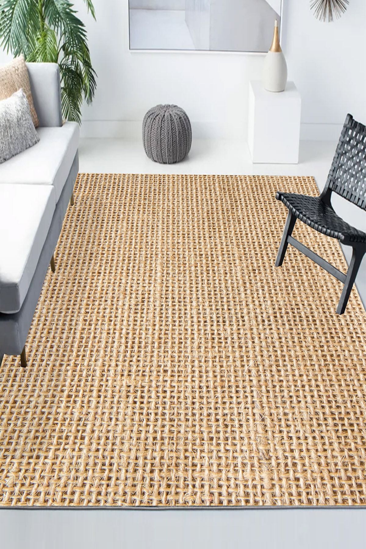 Else Dekor Doğal Kahverengi Jüt Hasır Desenli Yıkanabilir Salon Halısı Kilim