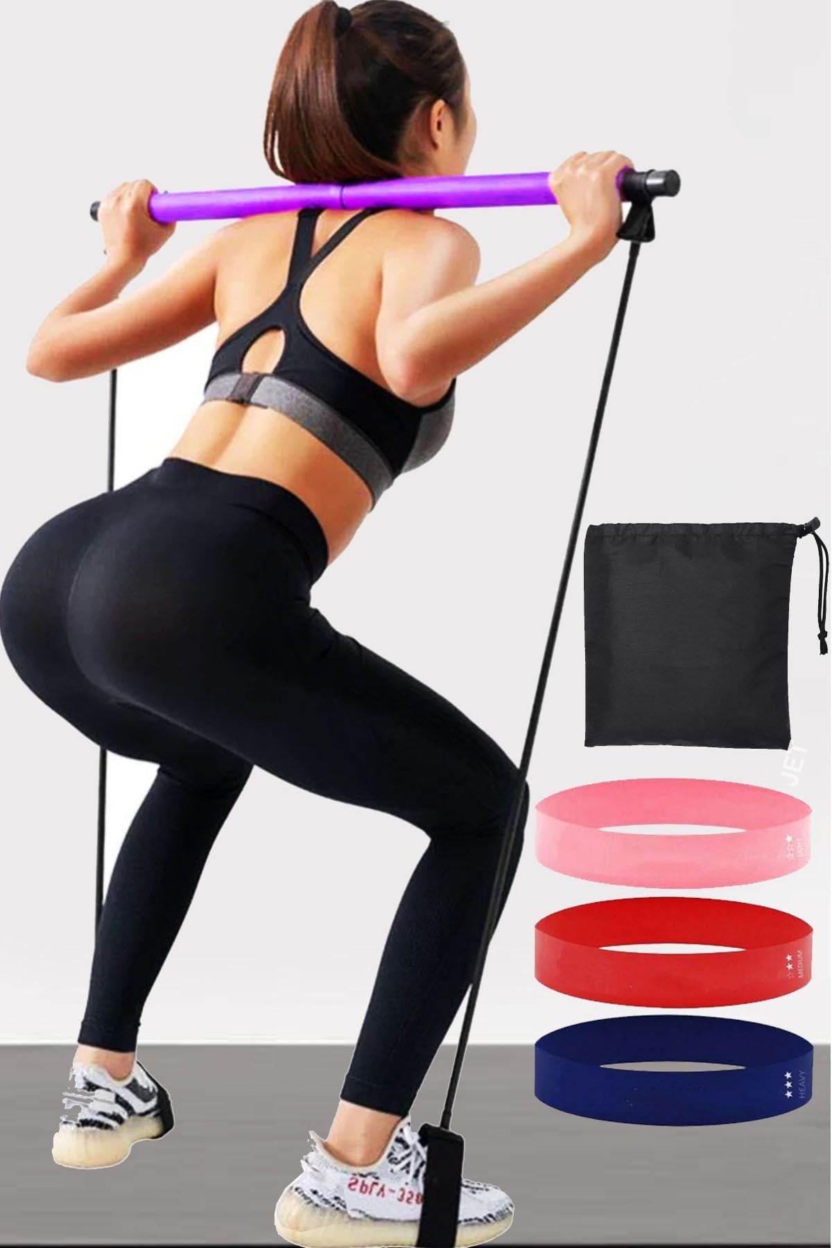 Jet Squat Seti Pilates Studio Egzersiz Çubuğu Squat Pilates Barı Plates Çantalı Aerobik Bandı 3'lü Set