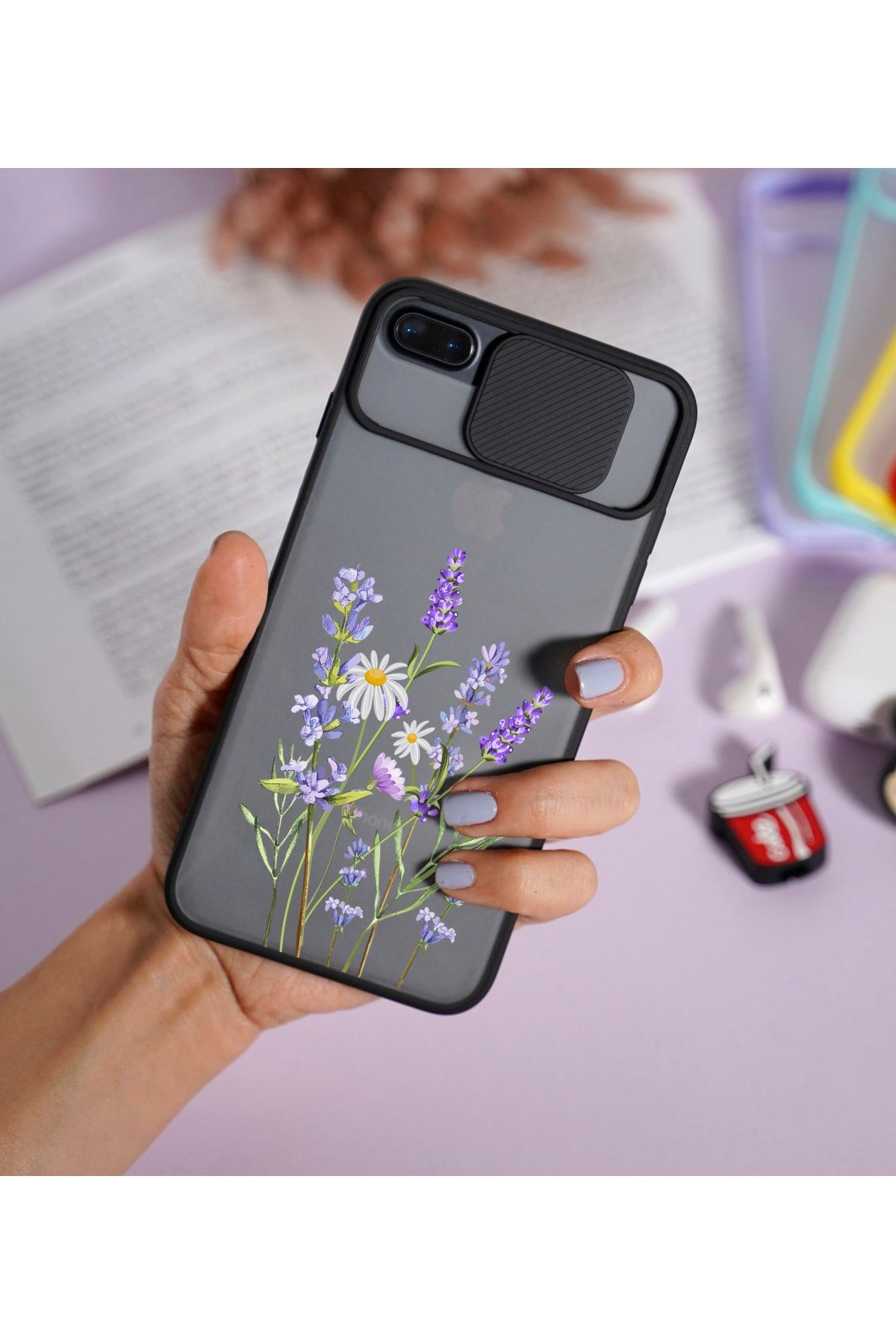 mooodcase Iphone 7 Plus Lavender Desenli Kamera Korumalı Siyah Telefon Kılıfı