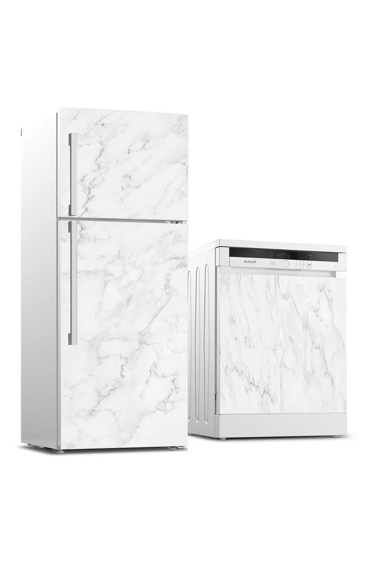 StickerArt Buzdolabı Ve Bulaşık Makinası Beyaz Eşya Sticker Kaplama Beyaz Mermer