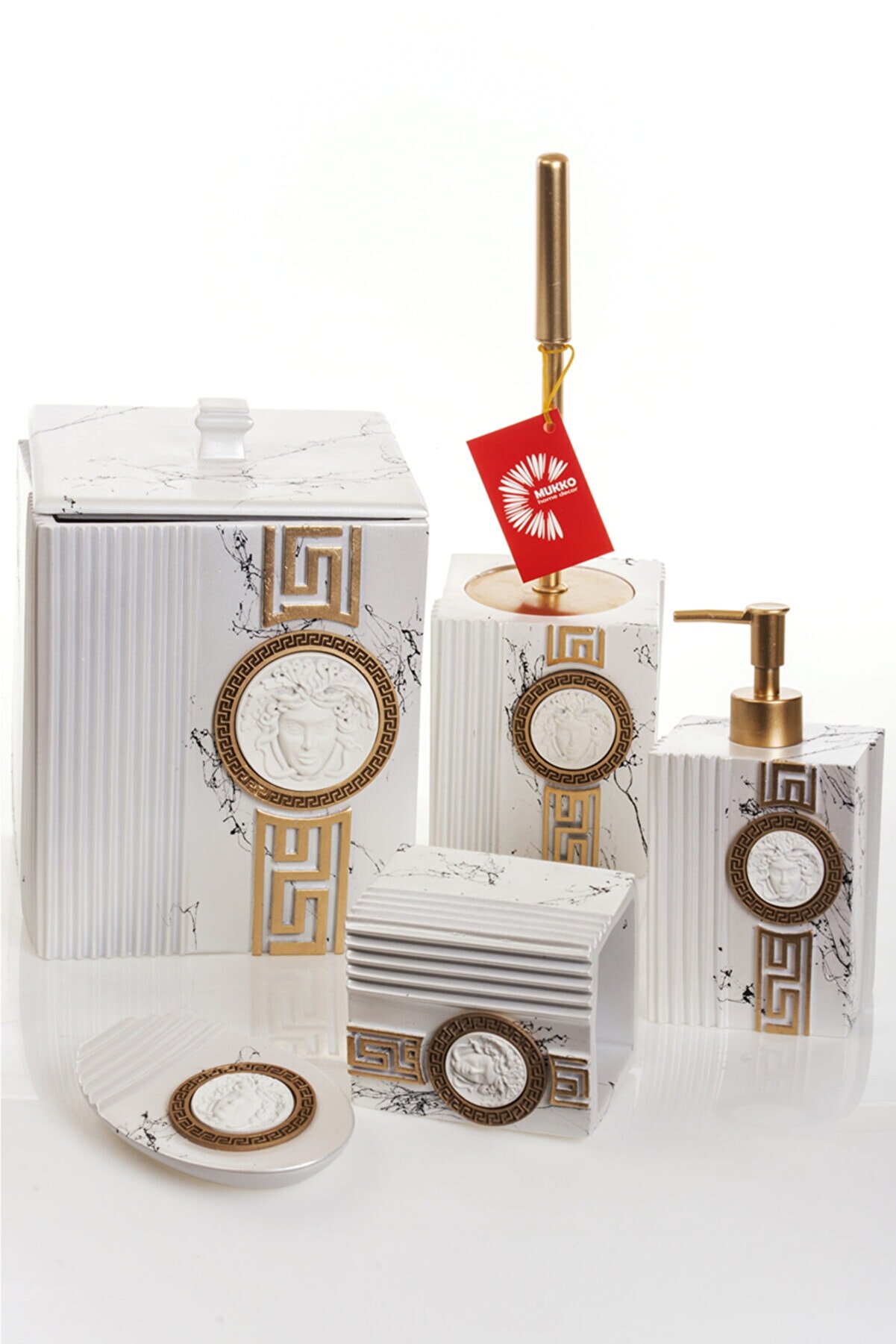 Mukko Home Versace Dekorlu Beyaz & Gold Polyester 5 Prç Banyo Seti
