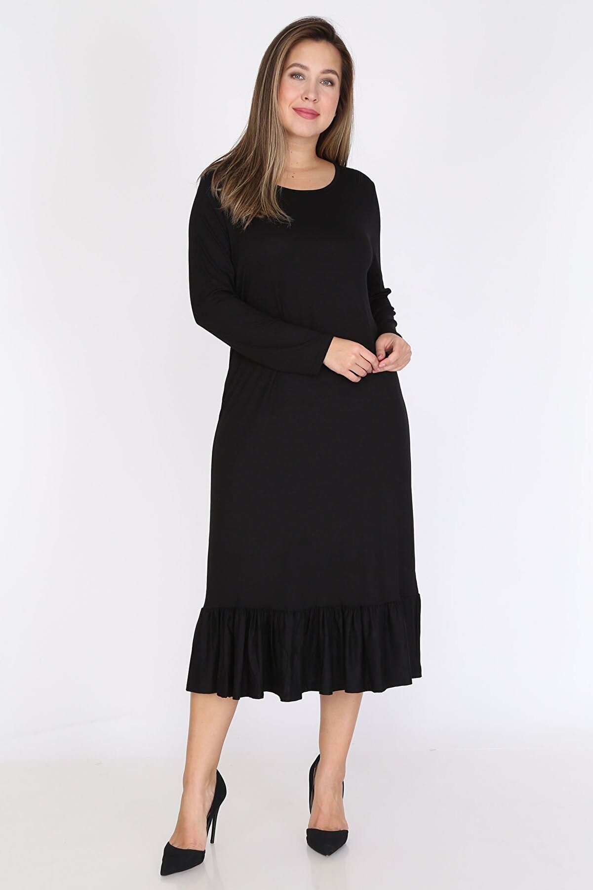 Modayız Siyah Uzun Kollu Büyük Beden Elbise 12d-0788