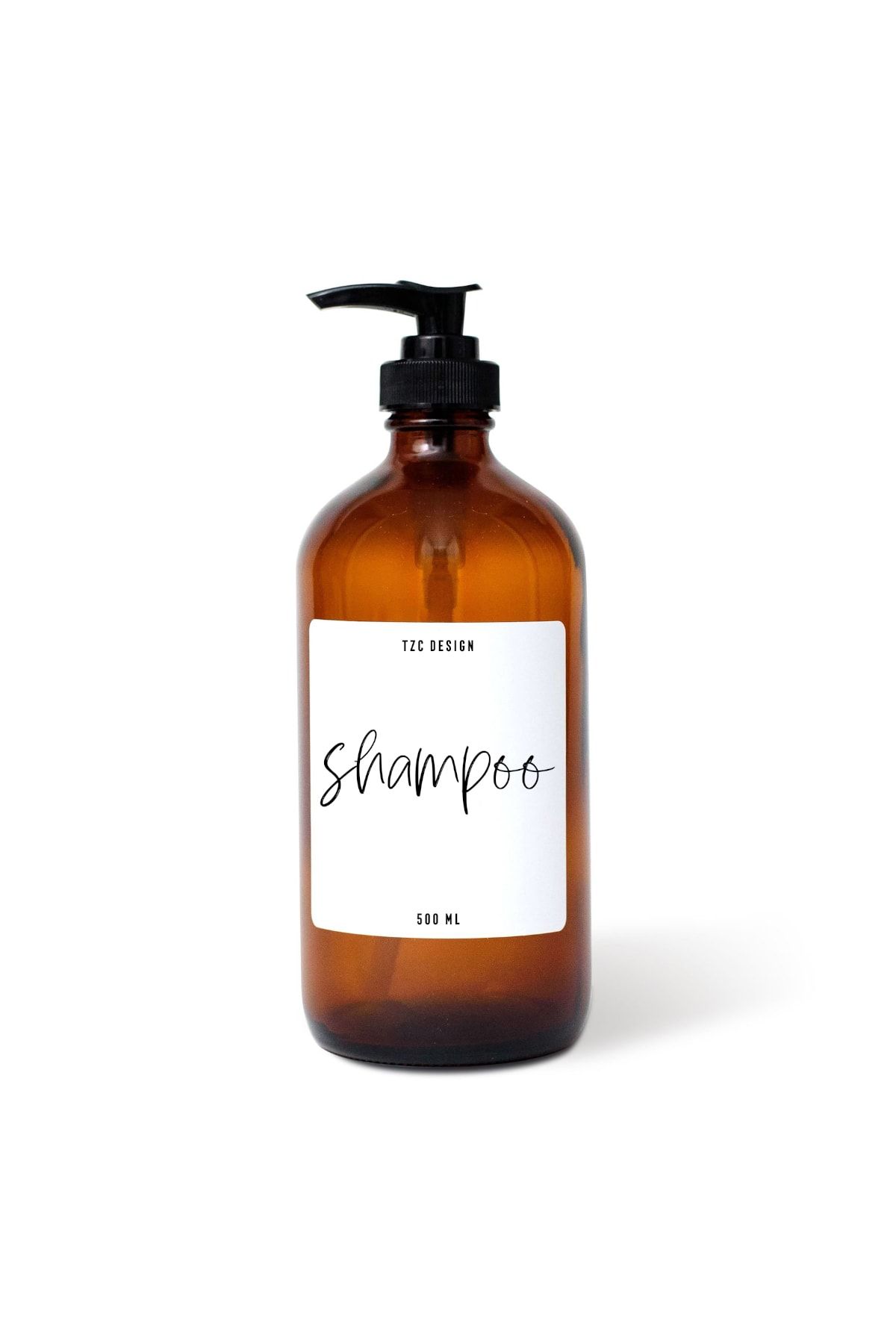 Tzc Desing Amber Kahverengi Cam Şişe Şampuan Shampoo 500 Ml Beyaz Etiketli