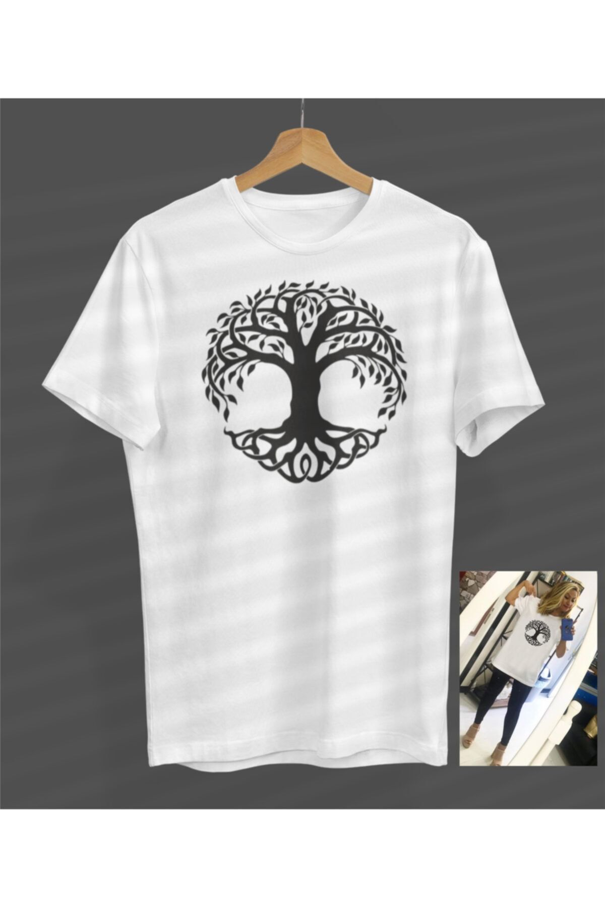 NOVUMUS Yaşam Ağacı Tasarım Baskılı Beyaz Yuvarlak Yaka Beyaz T-shirt Unisex