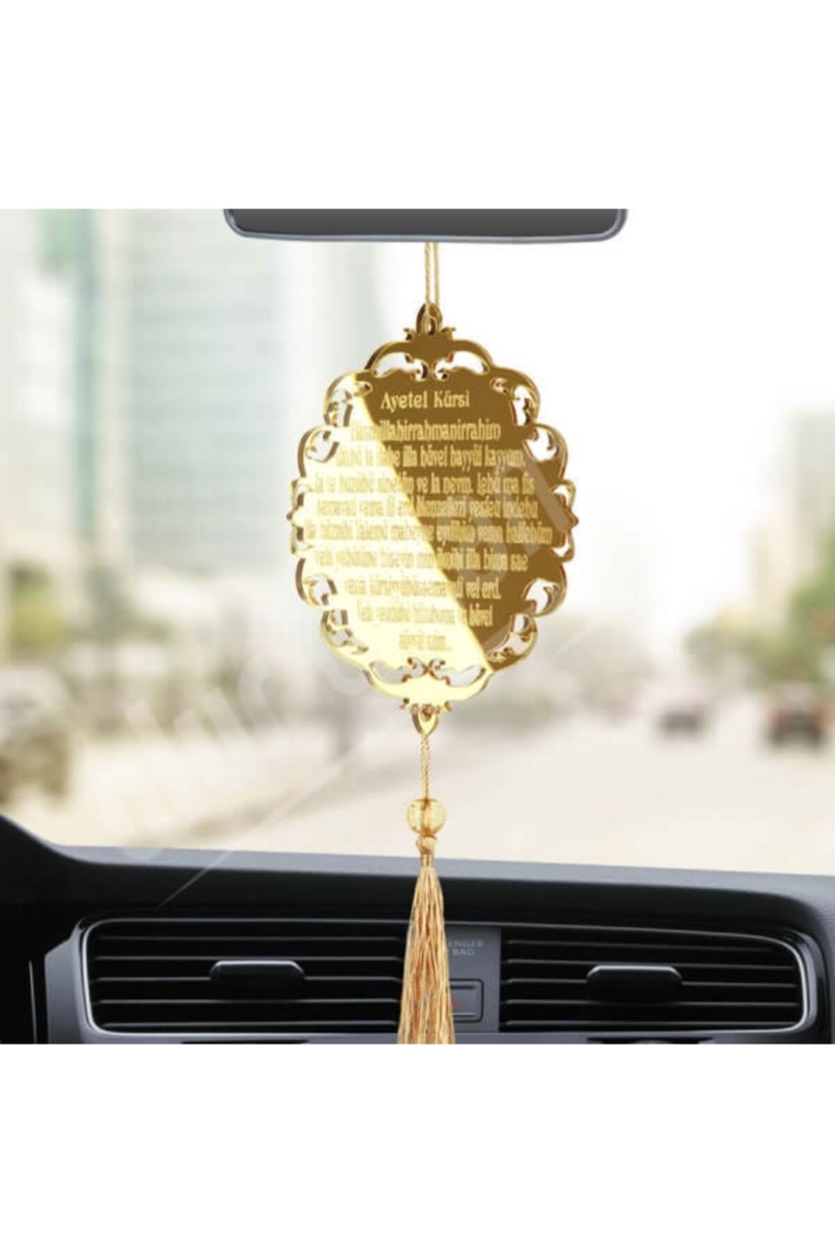 Aker Hediyelik Güzel Gold Altın Sarısı Aynalı Pleksi Araba Süsü Altıgen Ayet-el Kürsi Kapı Süsü
