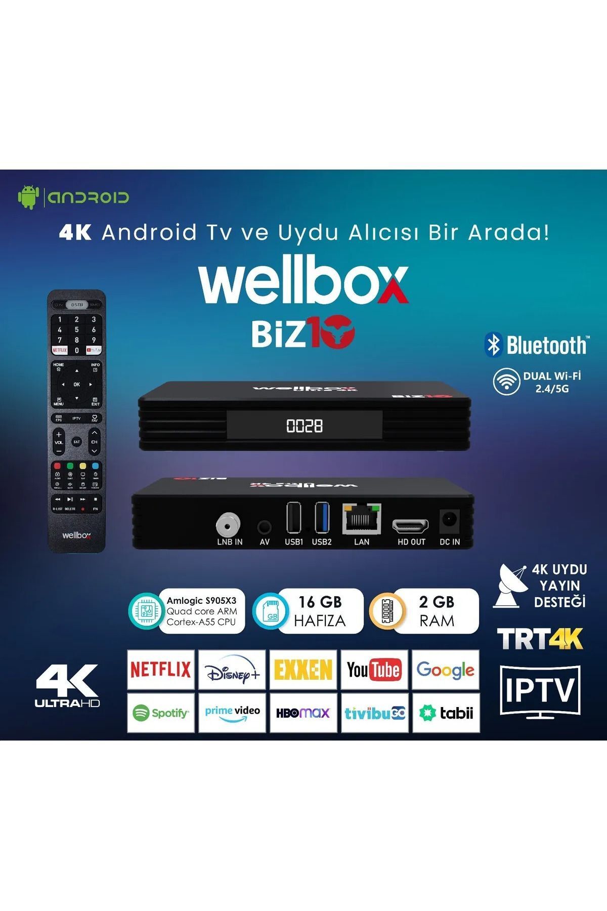 wellbox Android Tv Box Uydu Alıcısı 2gb Ram 16GB Hafıza BİZ10 4K