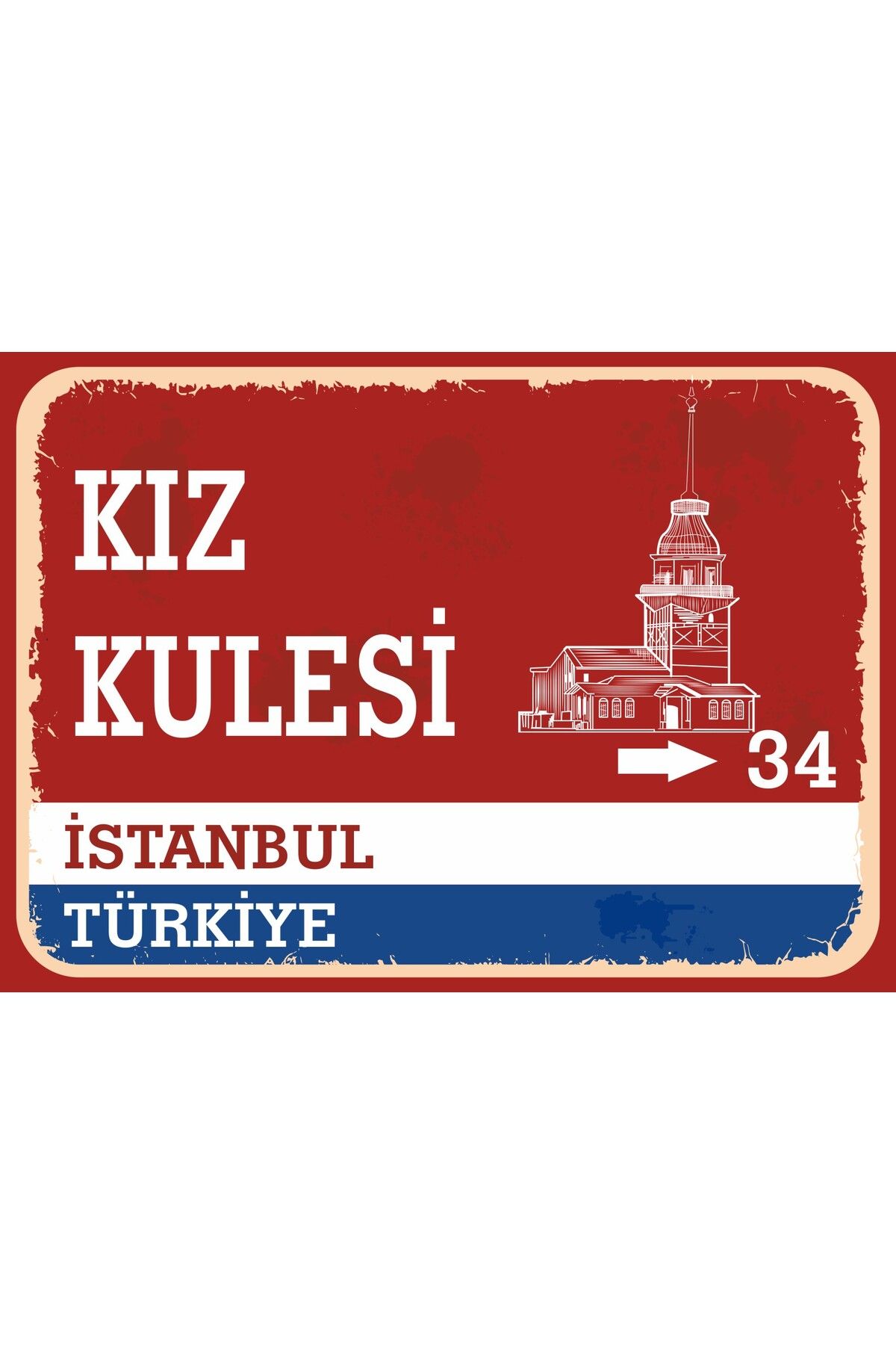 ChicArt Design Studio İstanbul Kız Kulesi Retro Sokak Yön Tabelası Vintage PVC Dekota UV Poster Yapışkanlı 35x25