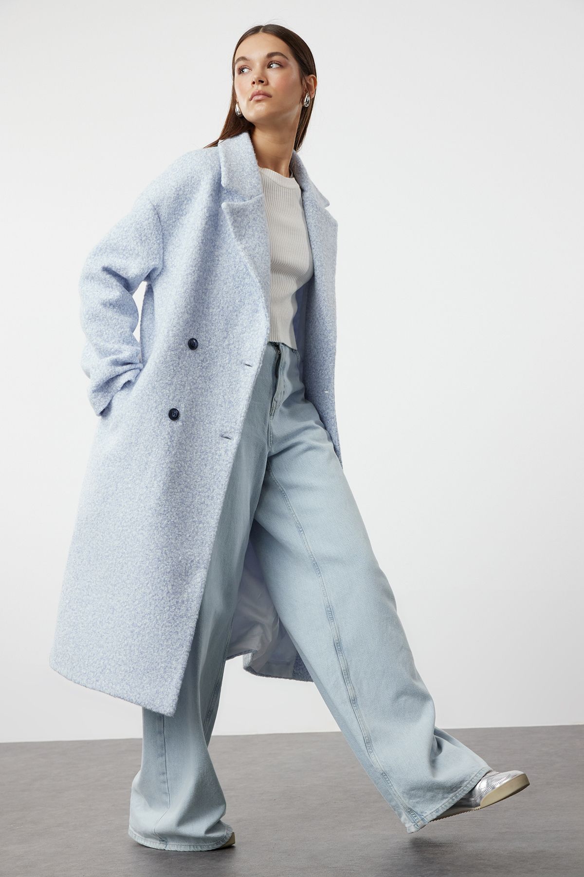 Trendyolmilla Bebe Mavisi Oversize Geniş Kesim Peluş Kaban TWOAW25KB00012