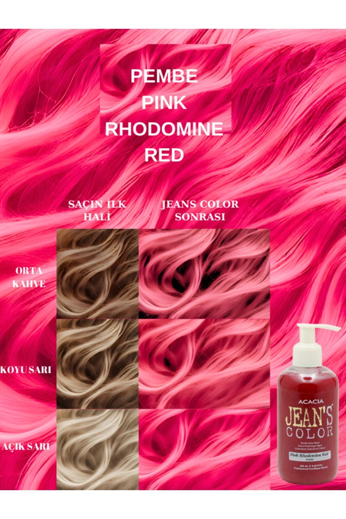 jeans color Amonyaksız Pembe Renkli Saç Boyası 250 ml Kokusuz Su Bazlı Pink Rhodomine Red Hair Dye