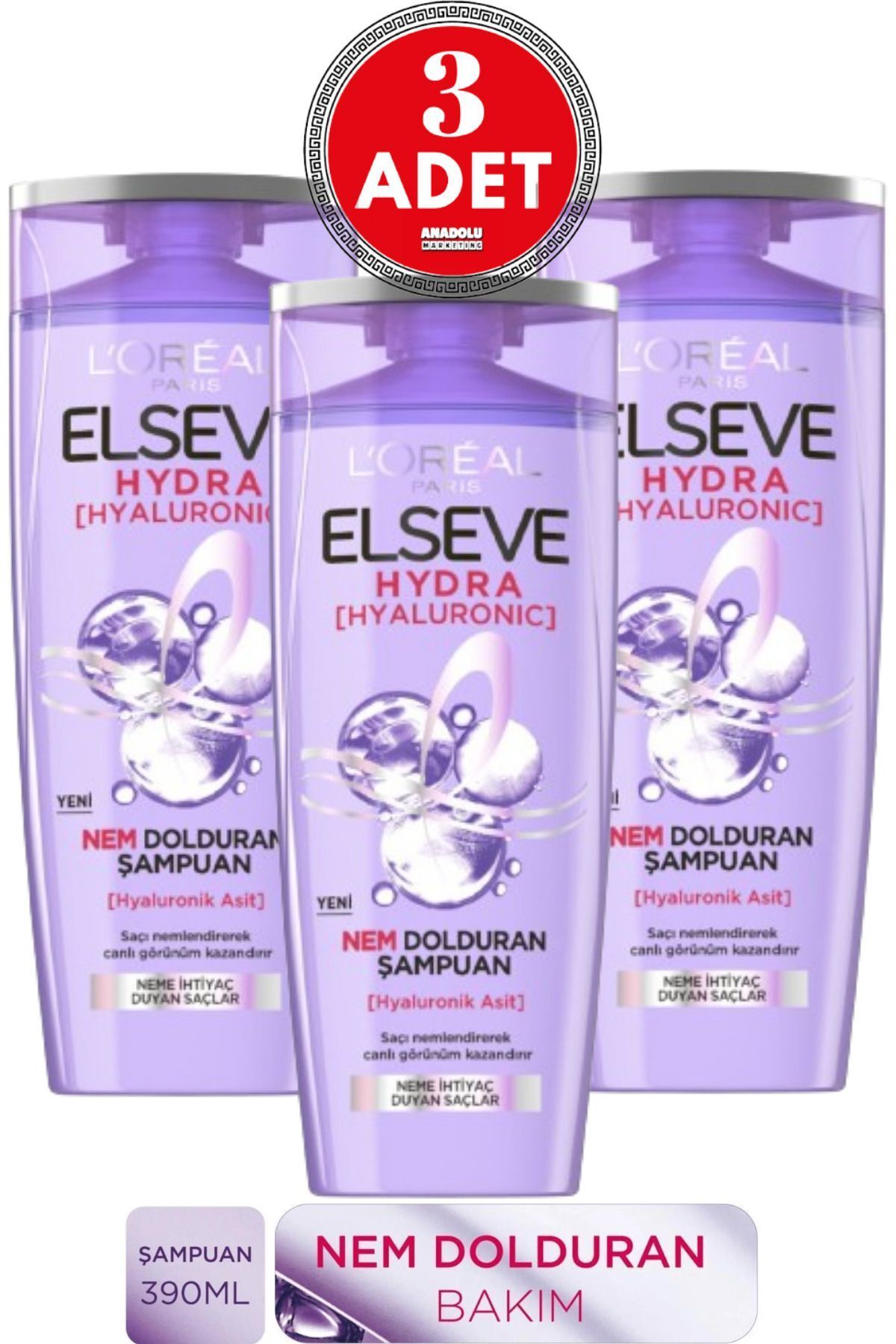 Elseve L'Oréal Paris Elseve Hydra [Hyaluronic] Nem Dolduran Şampuan 390 ml 3 Adet