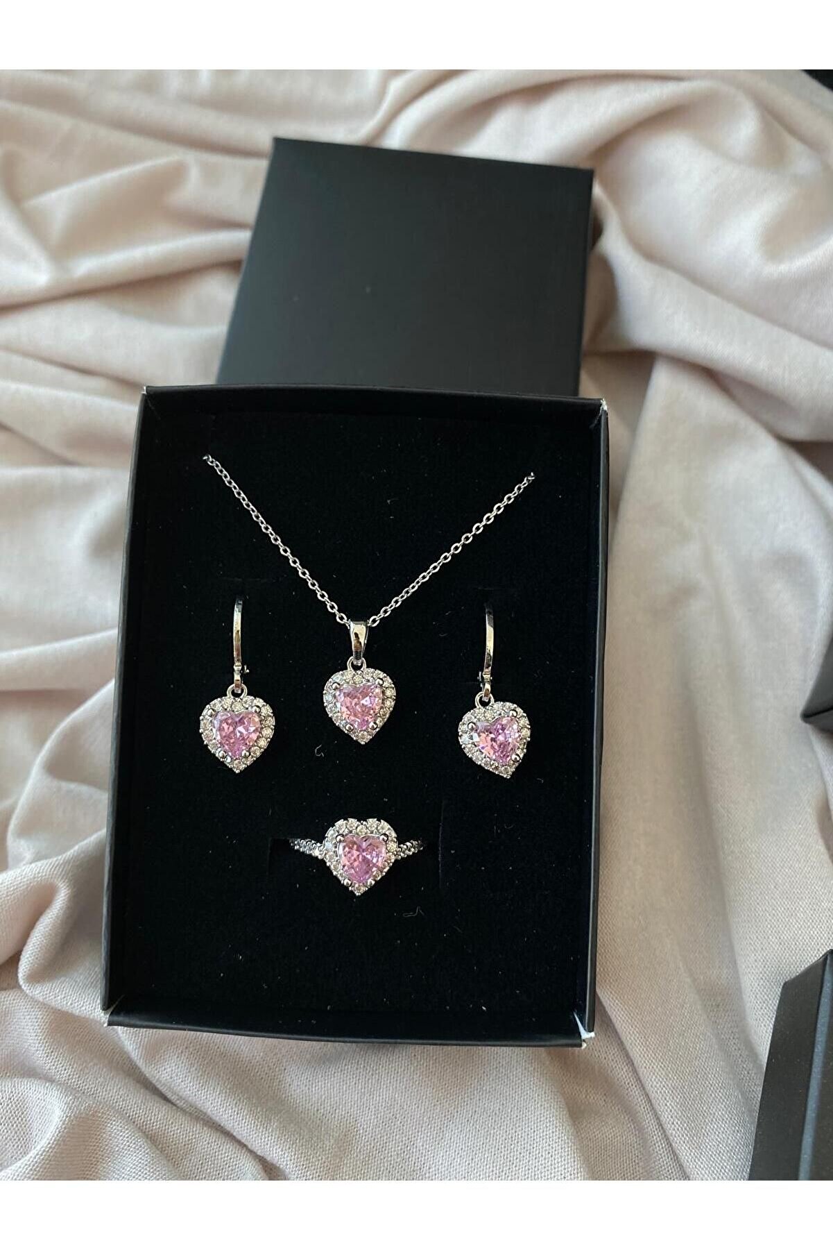 Dmr Accessoire Çelik Kalp Kolye Küpe Ayarlanabilir Yüzük Seti