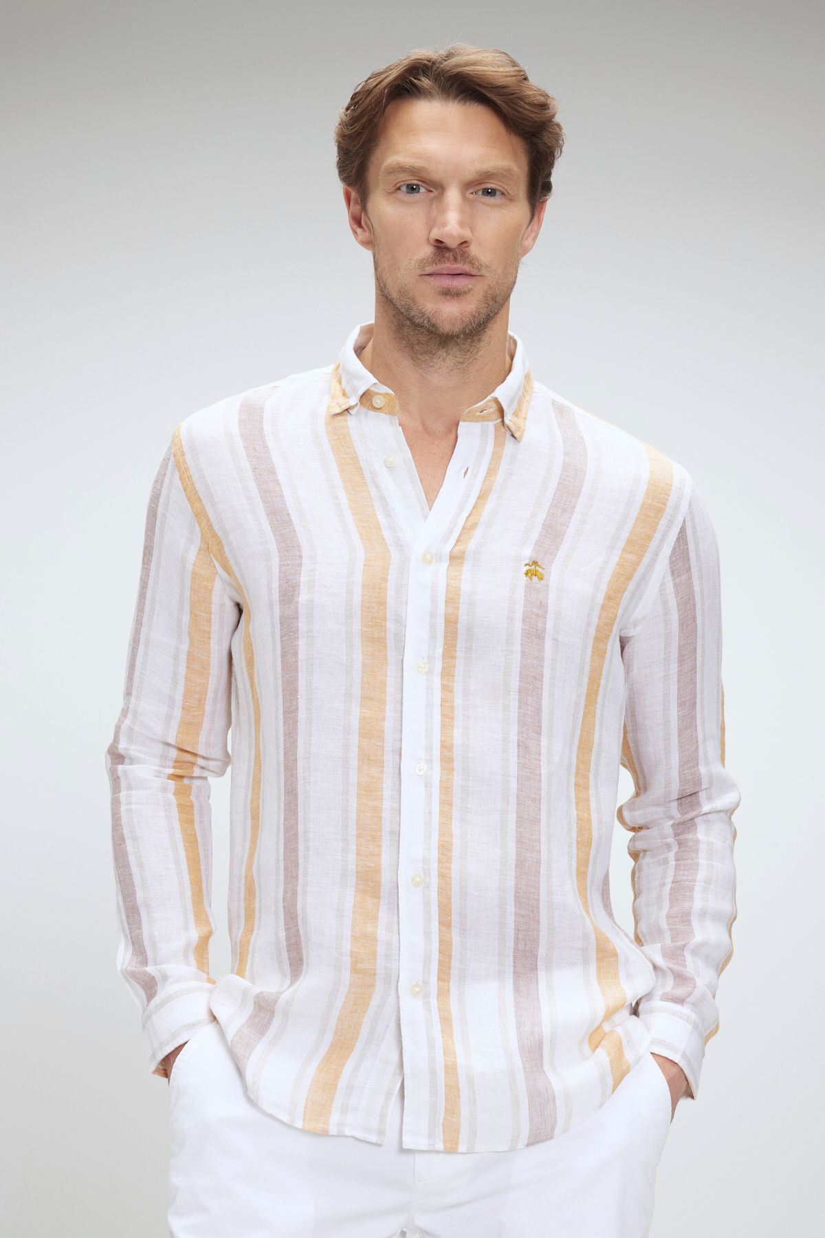 BROOKS BROTHERS Erkek Sarı-Bej Slim Fit Dar Kesim Desenli Keten Gömlek