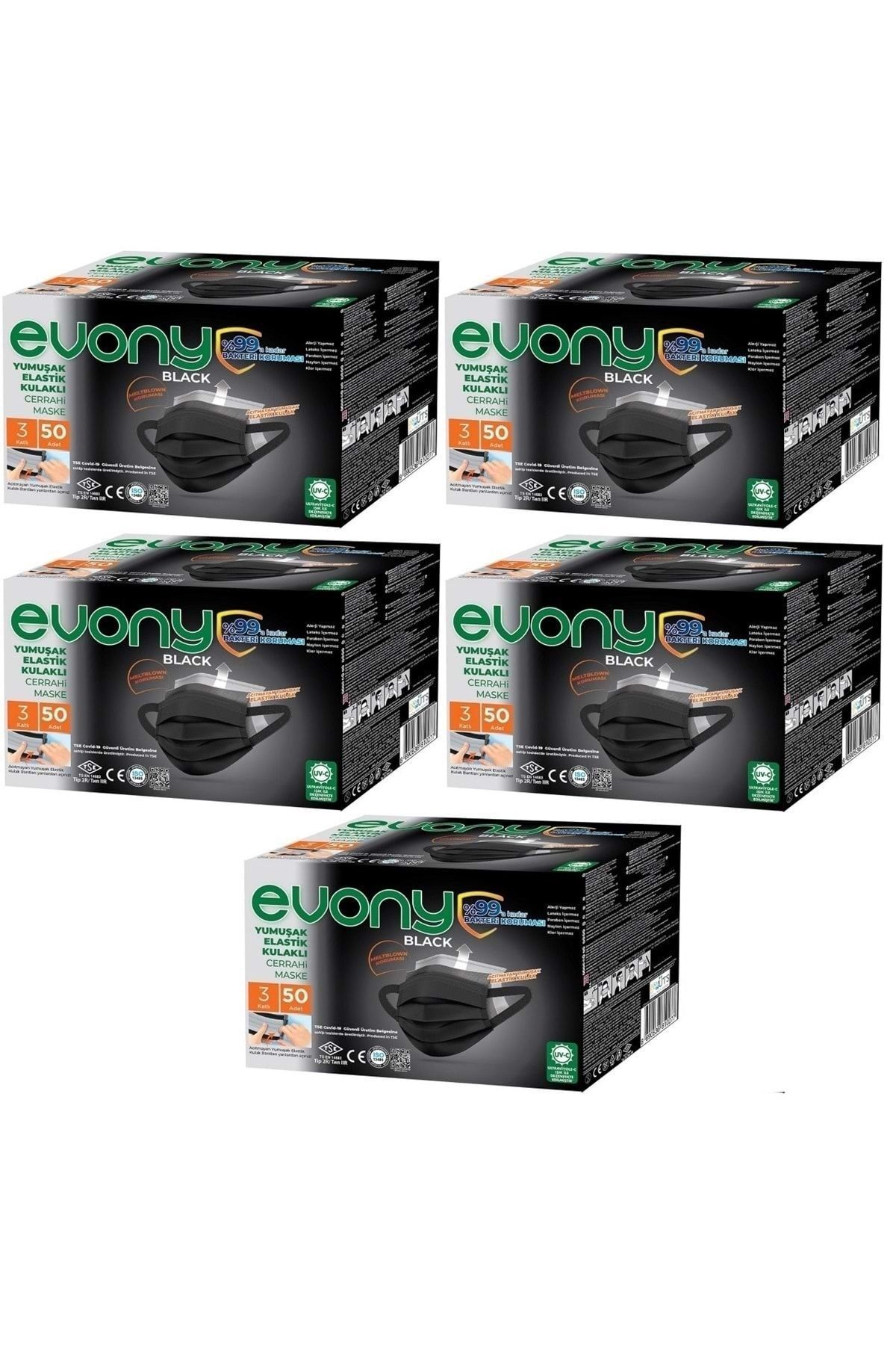 Evony 3 Katlı Filtreli Burun Telli Cerrahi Maske 250 Li Set Siyah/black (yumuşak Elastik Kulaklı)