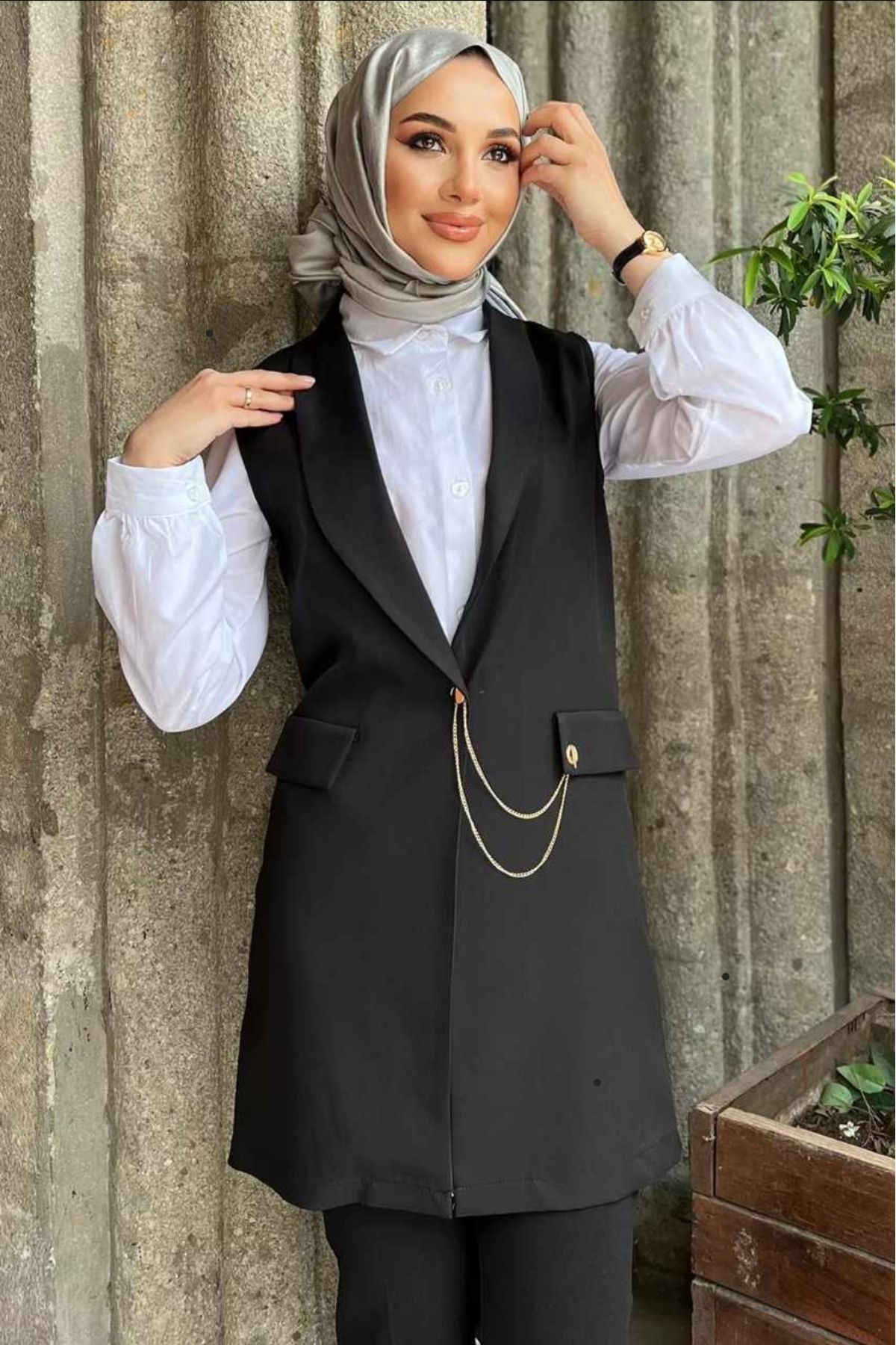 mpgiyim tesettür uzun kumaş yelek
