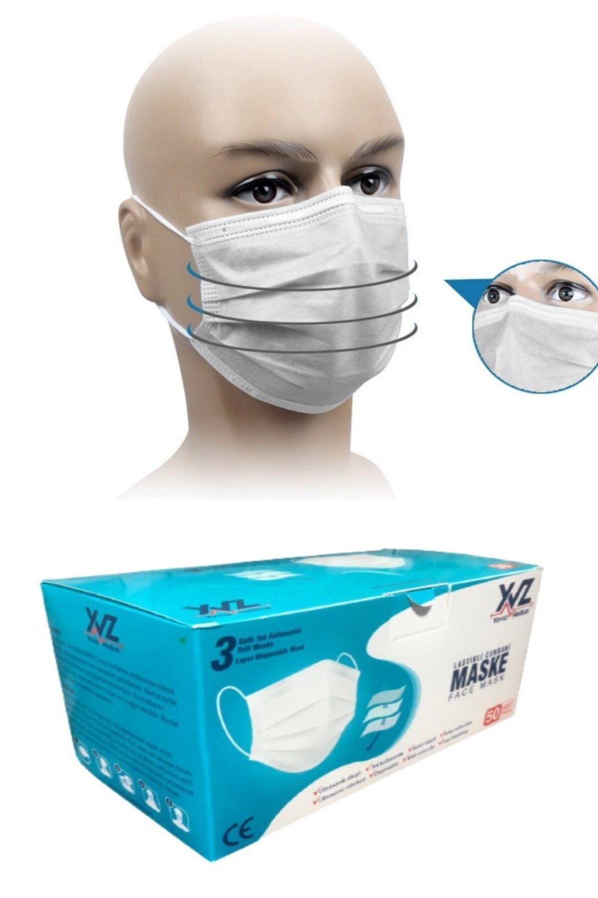 RoseRoi 3 Katlı Cerrahi Maske 50 Lili Kutu Burun Telli Medikal Koruyucu Yüz Maskesi