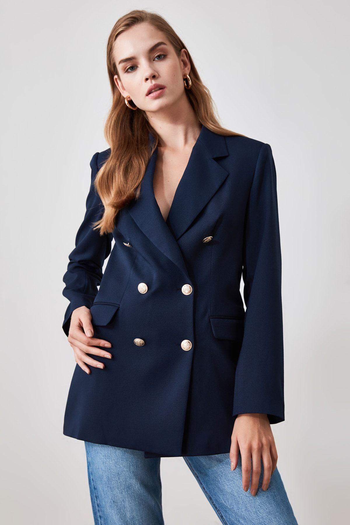 Trendyolmilla Lacivert Oversize Astarlı Kruvaze Kapama Dokuma Blazer Ceket TWOSS20CE0024