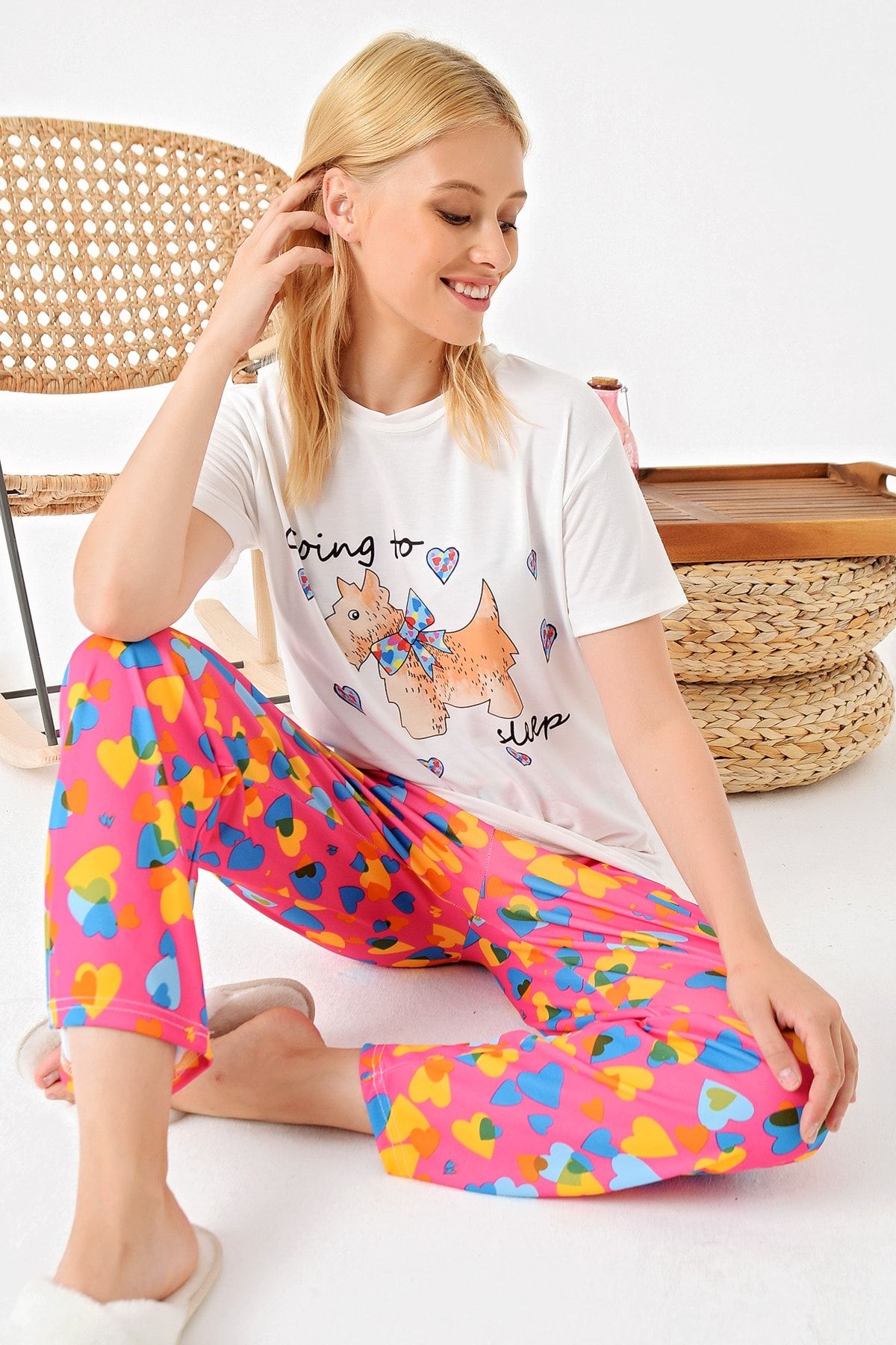 Trend Alaçatı Stili Kadın Fuşya Kalp Baskılı Örme Pijama Takım ALC-X4942