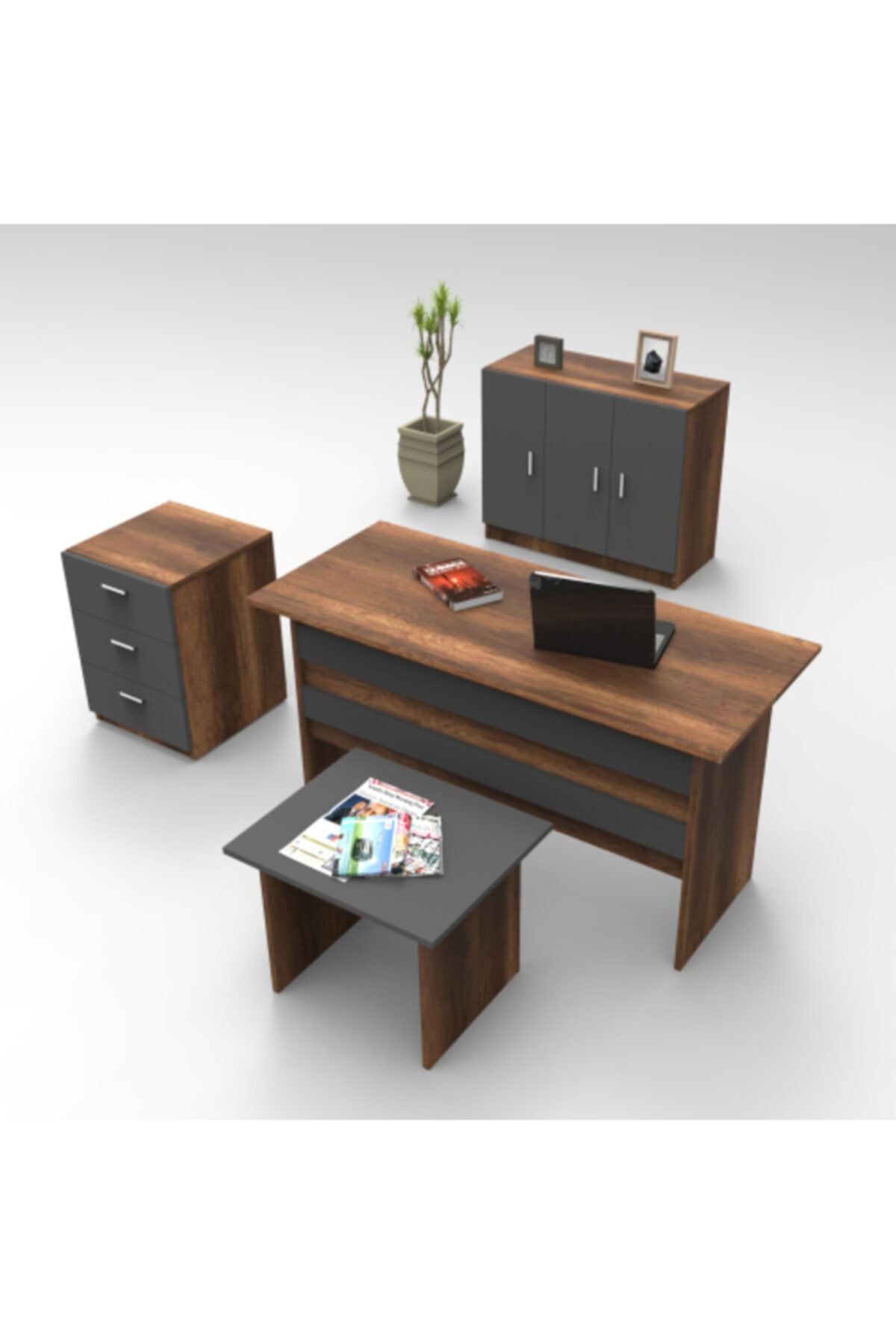 Robin Home Ofis Büro Masa Takımı Ofis Çalışma Masası + Kapaklı Dolap + Ofis Sehpası + Keson
