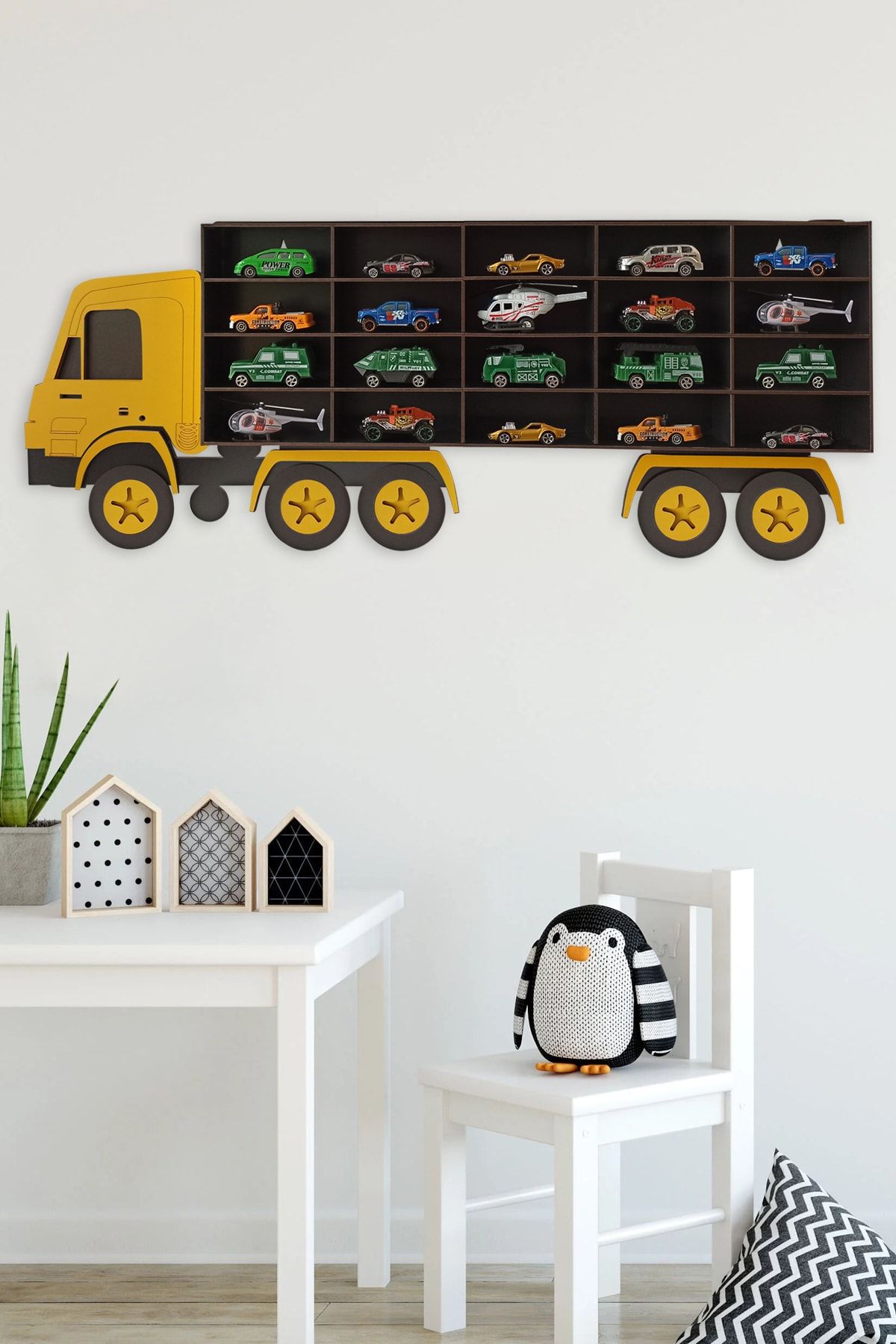 Genel Markalar Siyah Bege Ahşap Dekoratif Çocuk-bebek Odası Oyuncak Kamyon Araba Rafı 7 cm Ahşap 115 cm