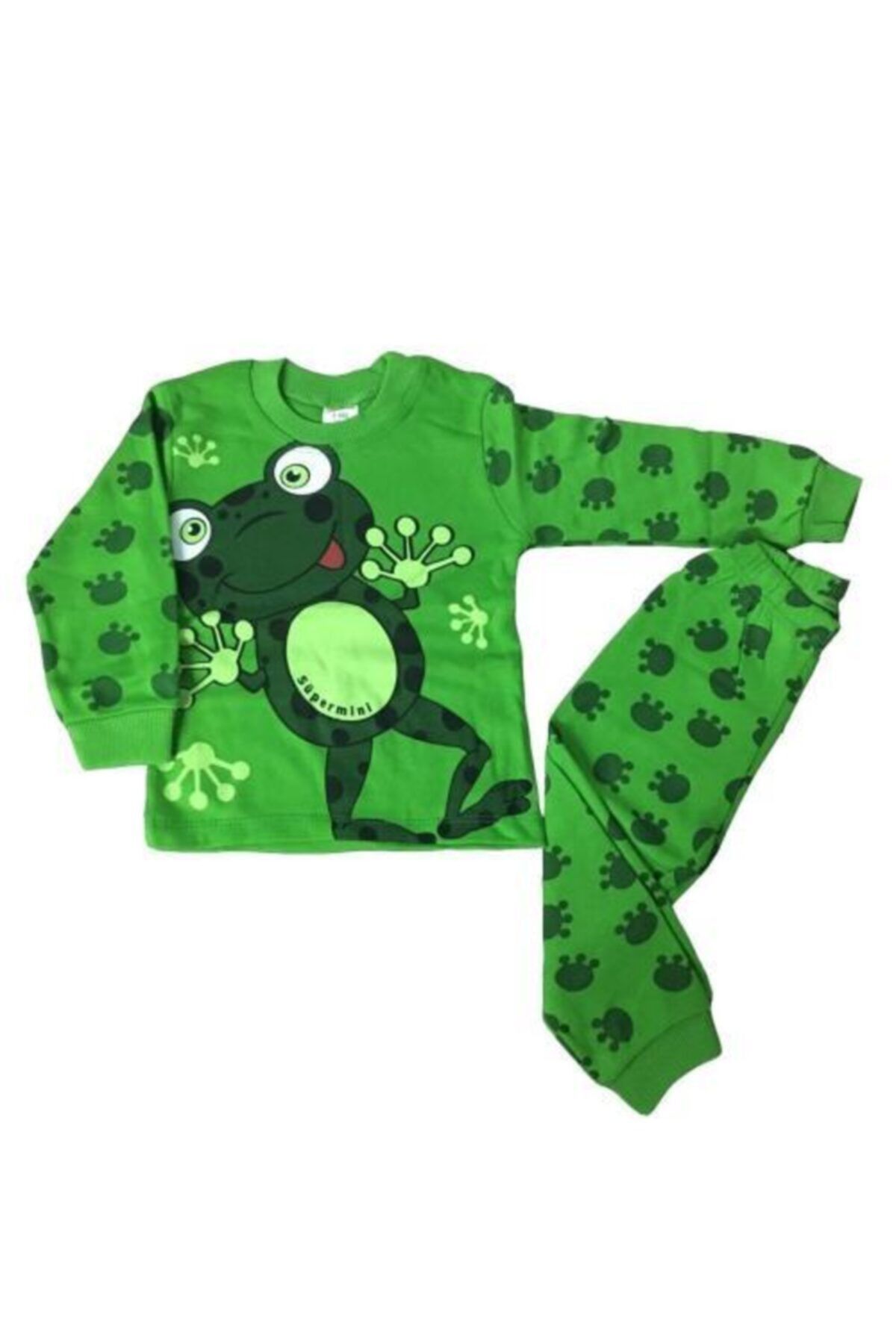 Süpermini Unisex Bebek Yeşil Süper Mini Kurbağa Desenli Pijama Takımı
