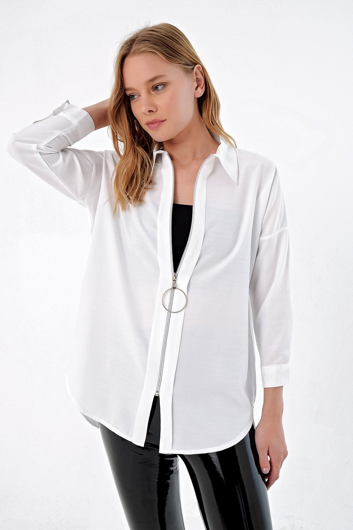 Trend Alaçatı Stili Kadın Beyaz Bloklu Gömlek ALC-5490