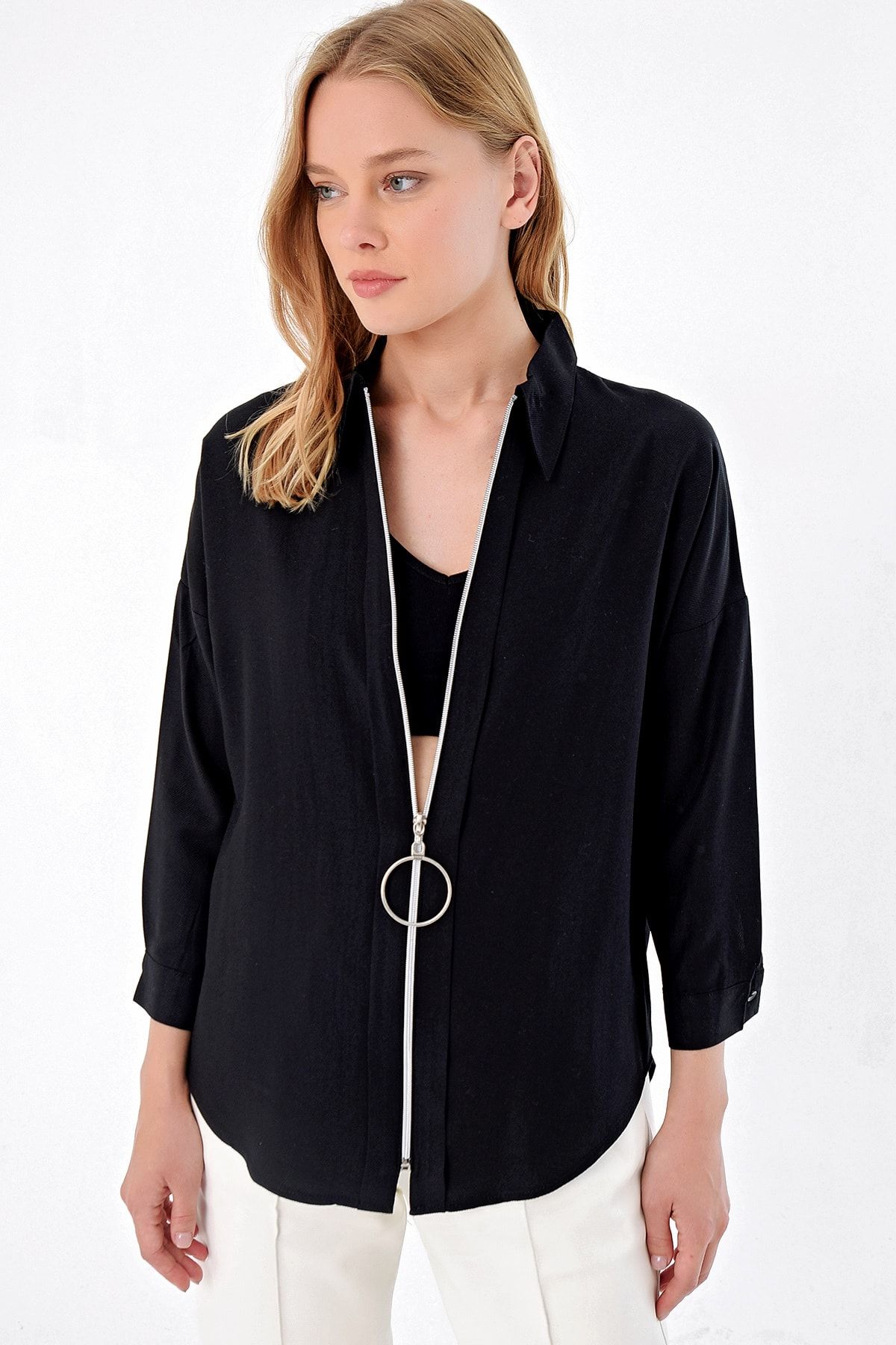 Trend Alaçatı Stili Kadın Siyah Bloklu Gömlek ALC-5490