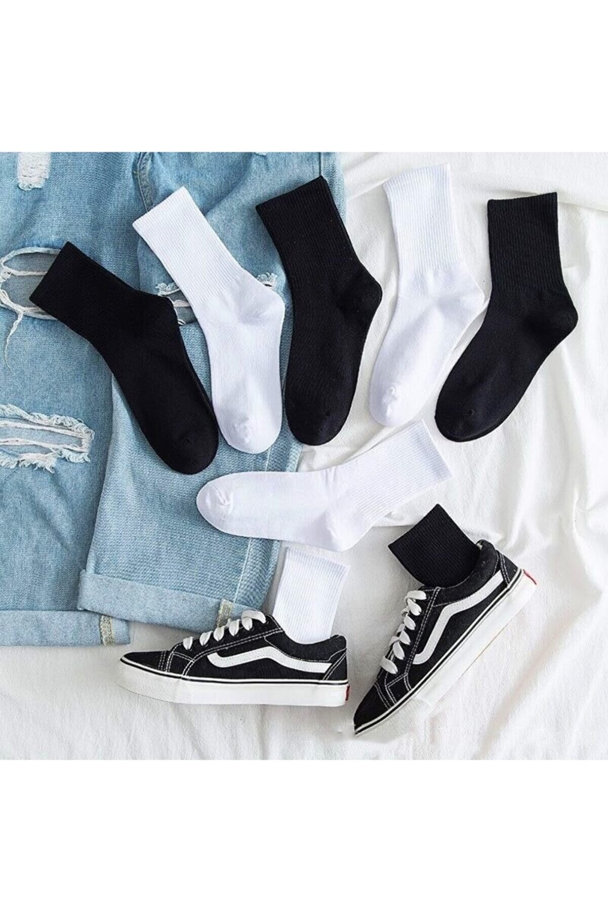 çorapmanya 6' Lı Paket Siyah+beyaz Çizgisiz Pamuklu Kolej Tenis Çorap