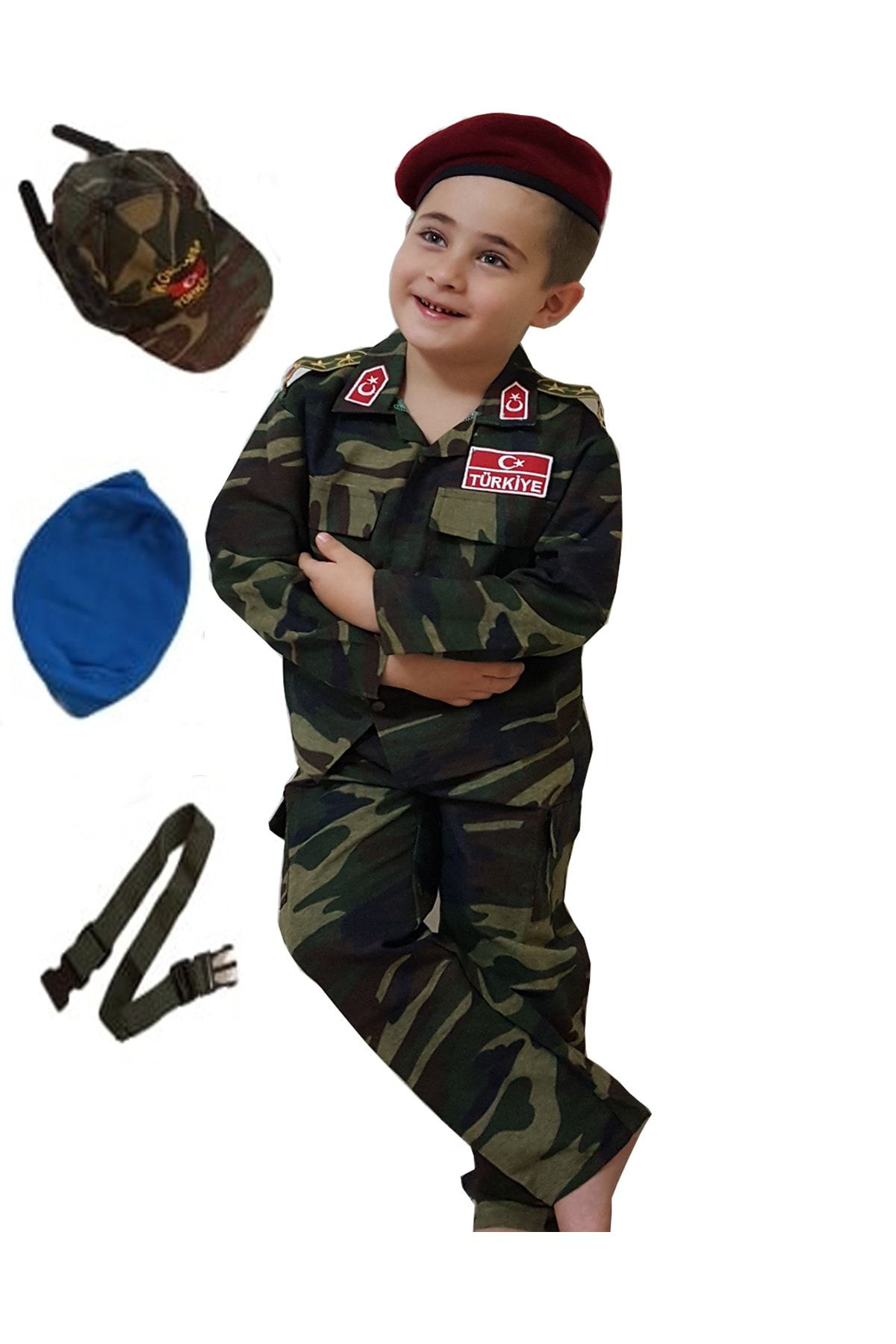 DEHAMODA 6 Parça Bordo Ve Mavi Bereli Çocuk Asker Komando Kostümü
