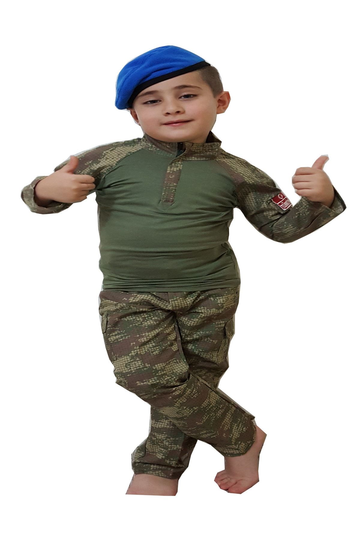 DEHAMODA 3 Parça Mavi Bereli Nano Kombatlı Çocuk Asker Komando Kostümü-kıyafeti