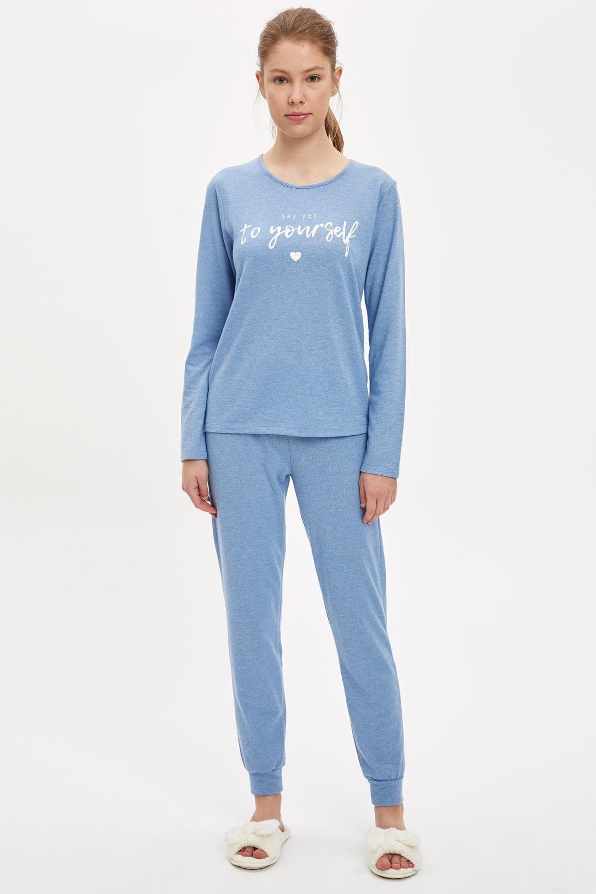 Defacto Kadın Blue Slogan Baskılı Uzun Kollu Pijama Takımı S5019AZ20AU