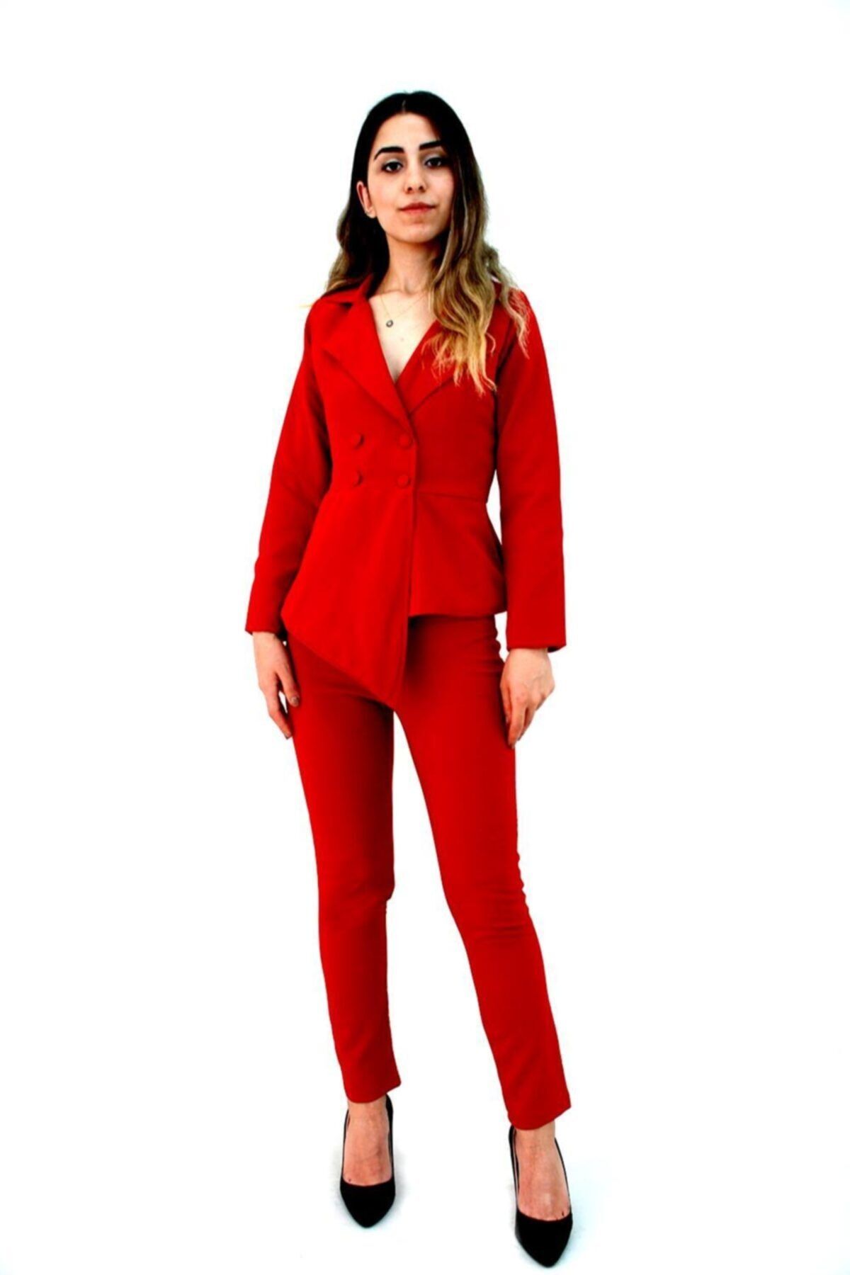 Elifim Moda Kadın Kırmızı Asimetrik Ceket ve Pantolon Takım