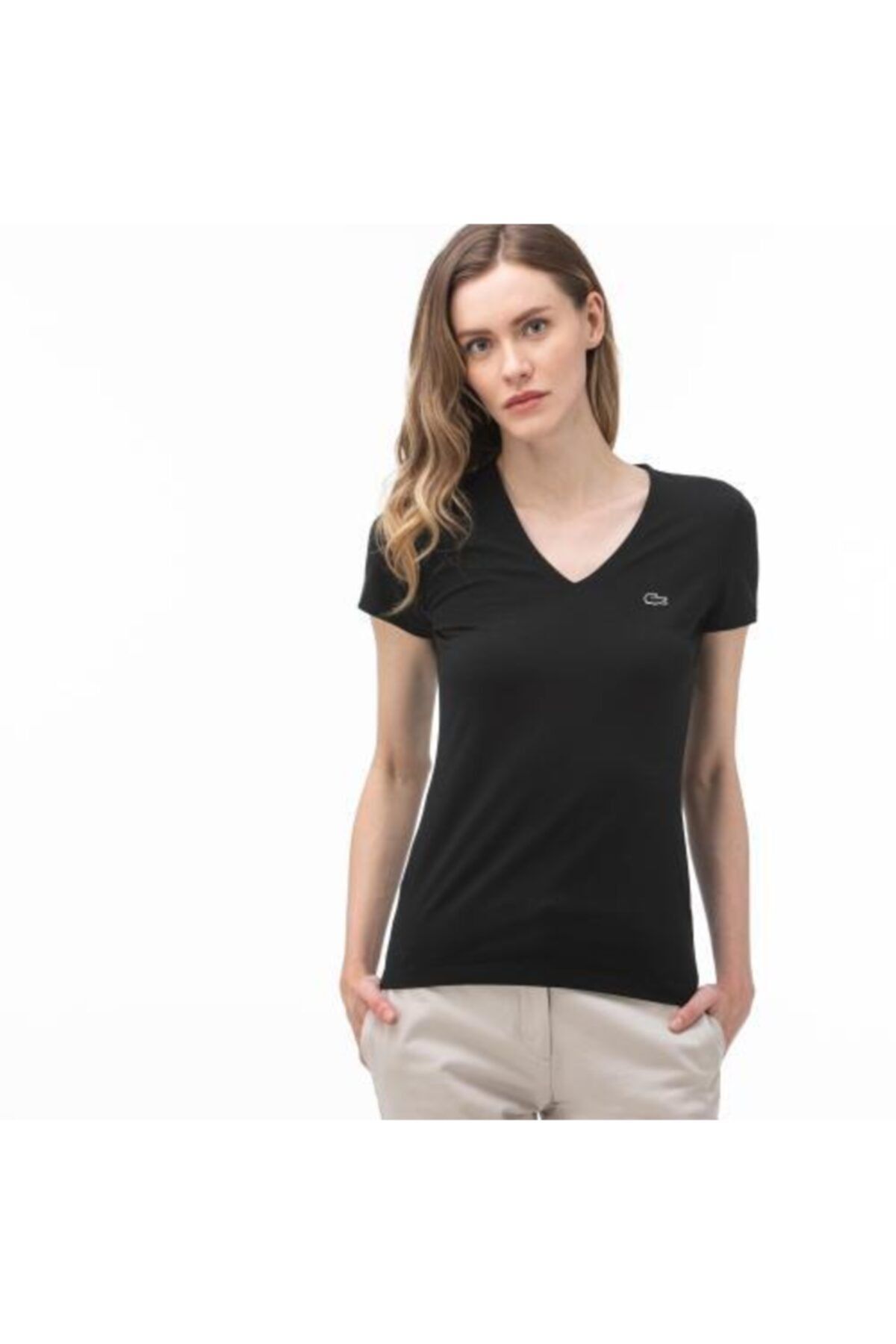 Lacoste Kadın Siyah V Yaka T-shirt