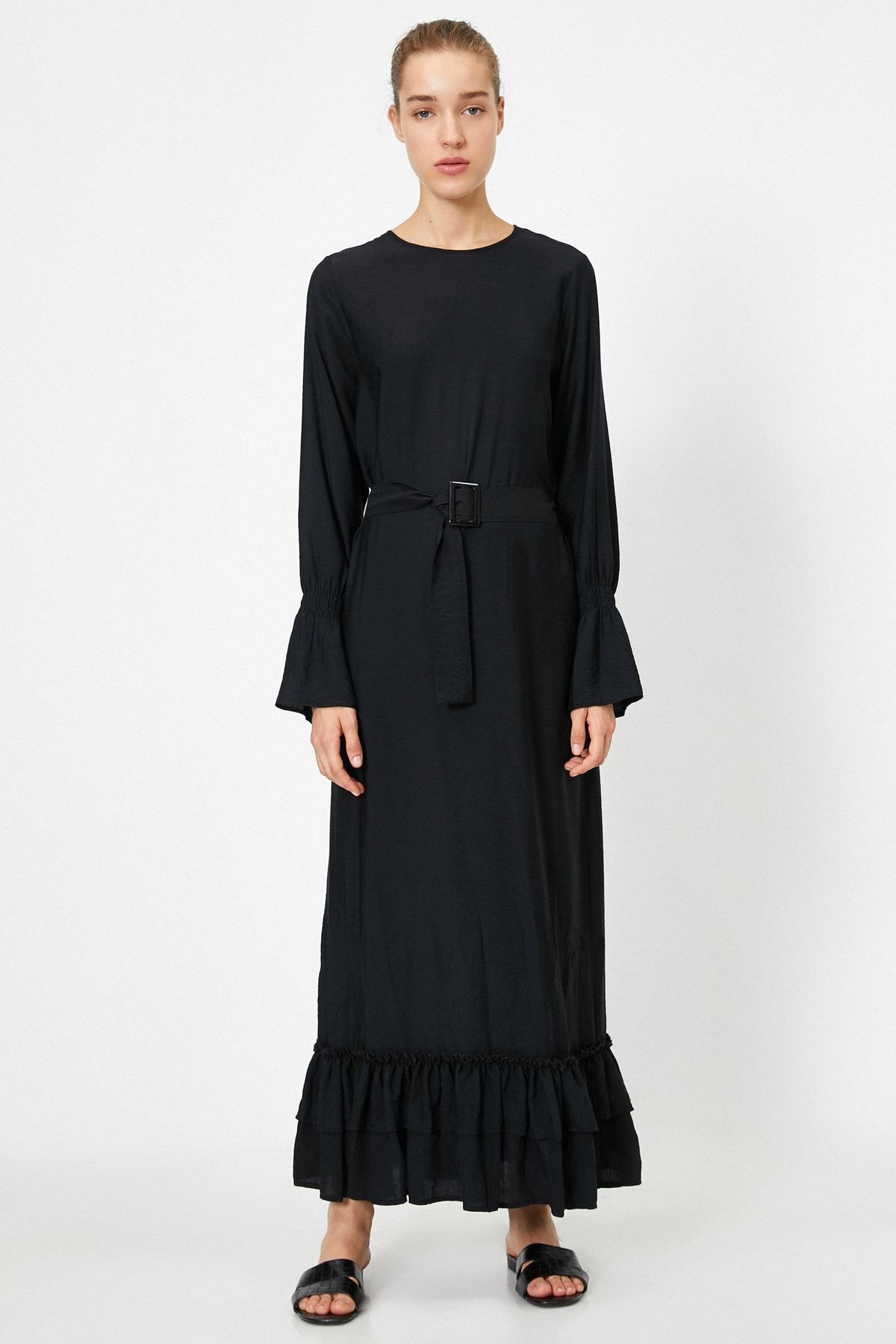 Koton Kadın Siyah Beli Kemer Detayli Uzun Kollu Uzun Elbise