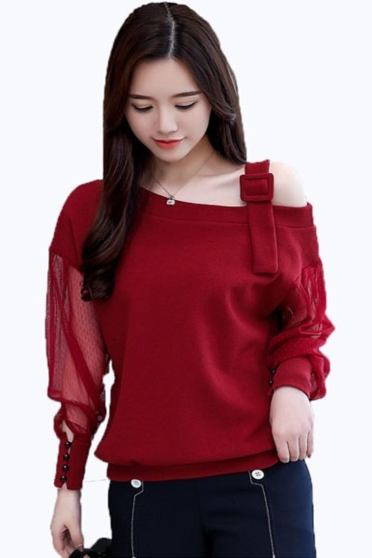 EZRA Kadın Kırmızı Omuz Detaylı Bluz