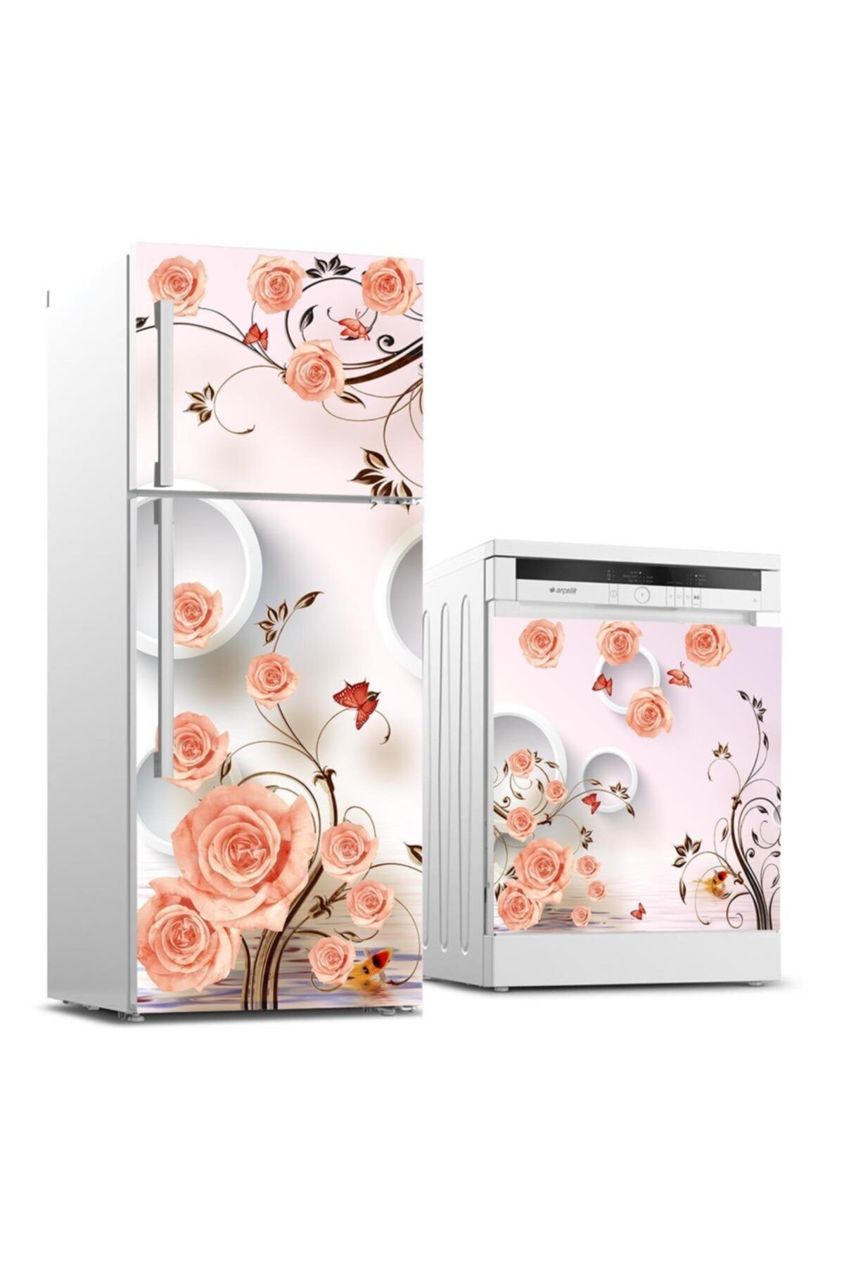 StickerArt Buzdolabı Ve Bulaşık Makinası Beyaz Eşya Sticker Kaplama Pembe Çiçek
