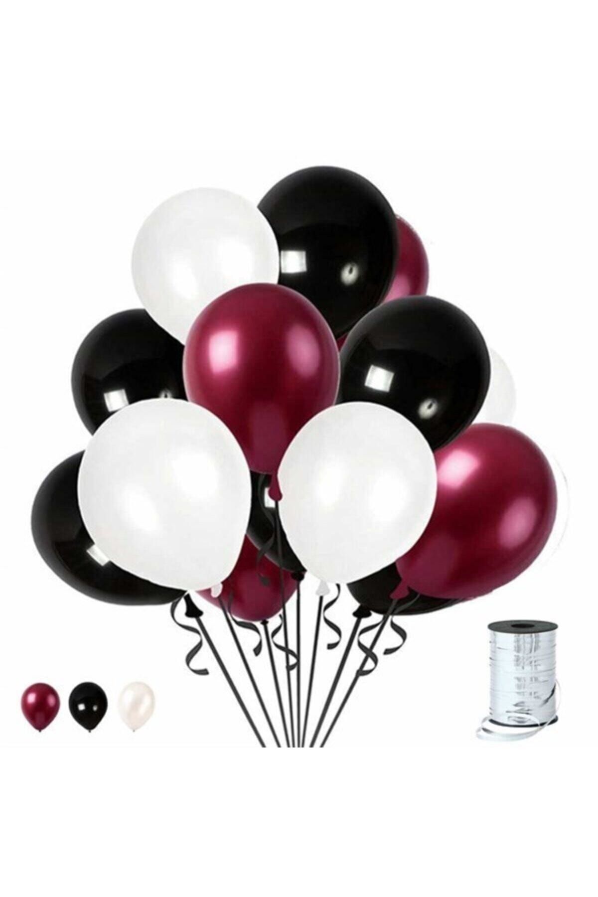 Magic Hobby 50 Adet Bordo - Beyaz- Siyah Metalik Balon 3'Lü Renk  - 12 İnç