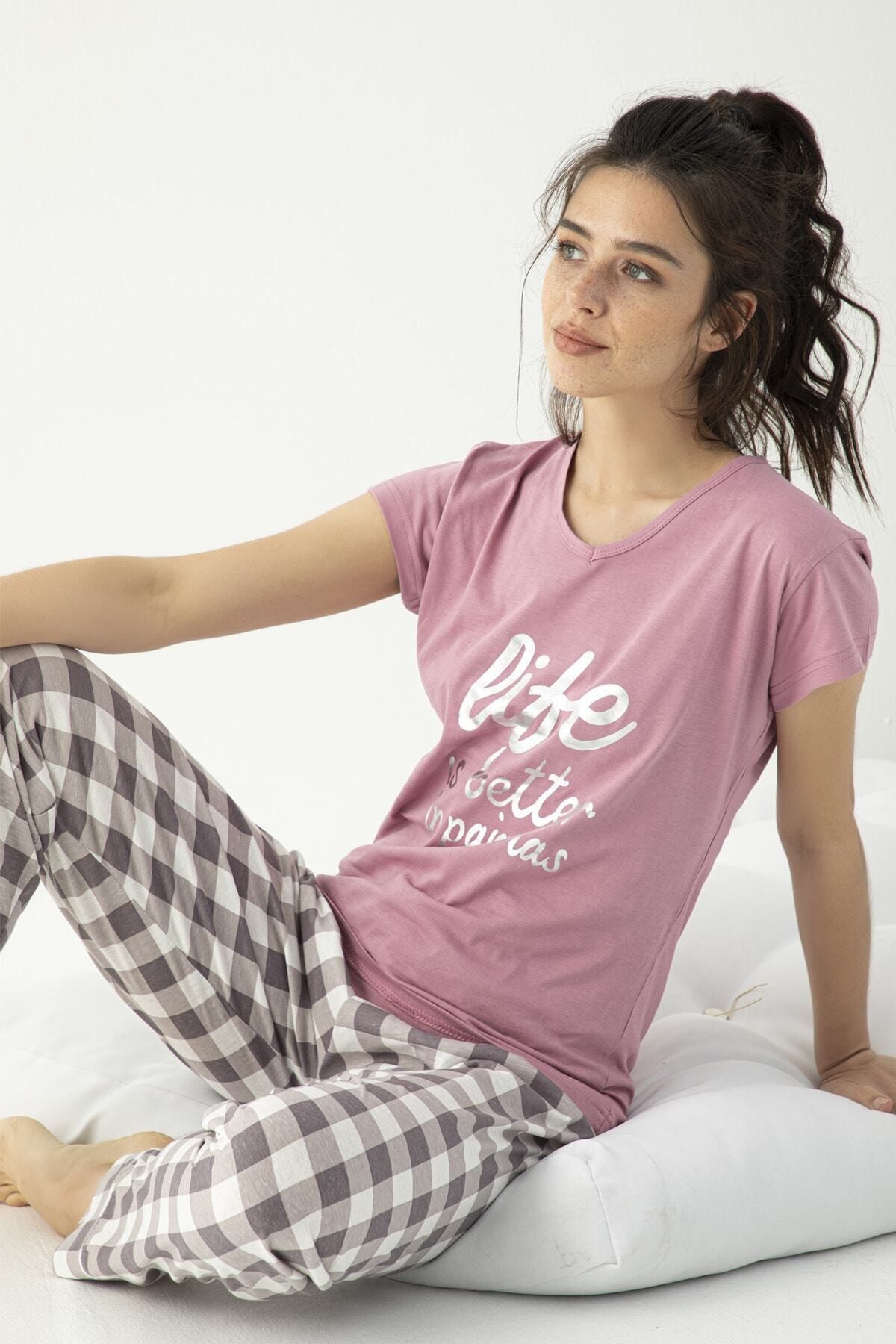 Mirano Kadın Kısa Kollu Love Baskılı Pijama Takımı Mor Homewear Ev Kıyafeti 3653