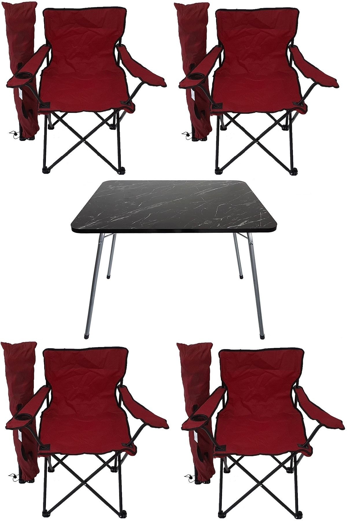 Bofigo Kırmızı  Granit Katlanır Masa 4 Adet Kamp Sandalyesi Katlanır Sandalye Piknik Plaj Sandalyesi 60x80