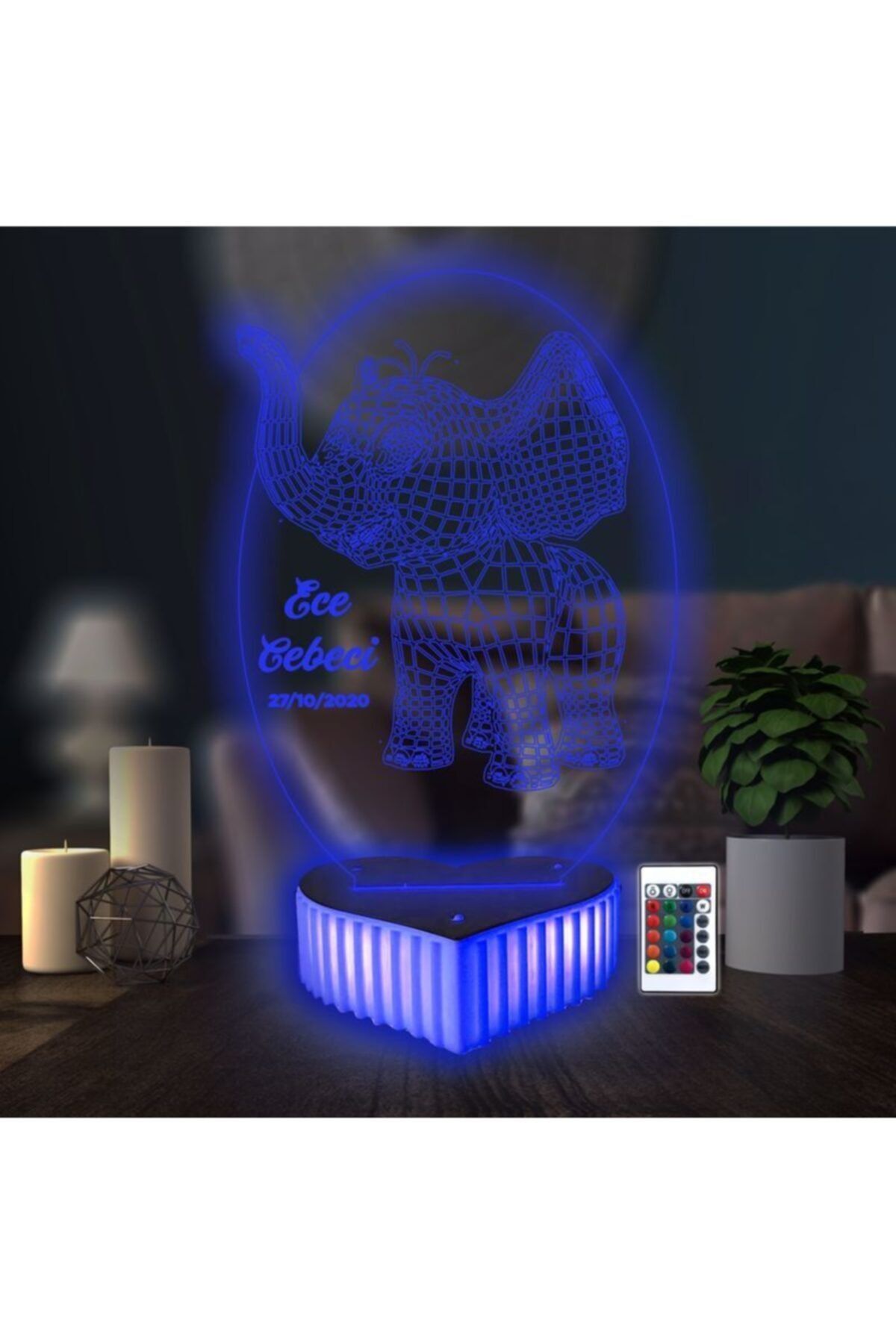 3D Hediye Dünyası Fil Resimli Çocuklara Gece Lambası 16 Renkli Kumandalı