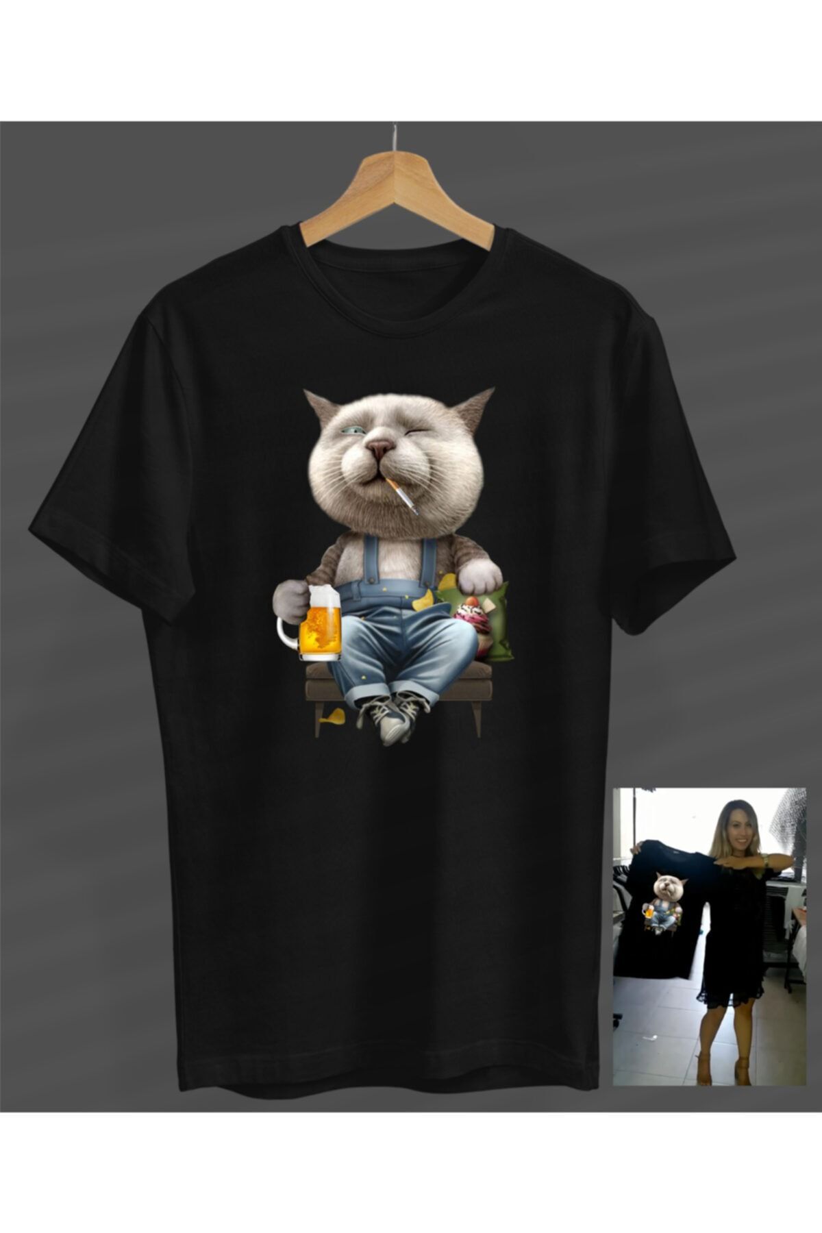NOVUMUS Unisex Erkek-kadın Rahat Kedi Tasarım Siyah Yuvarlak Yaka T-shirt