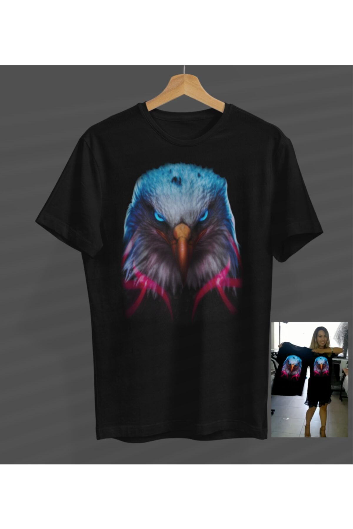 NOVUMUS Kartal Renkli Özel Tasarım Siyah Yuvarlak Yaka T-shirt